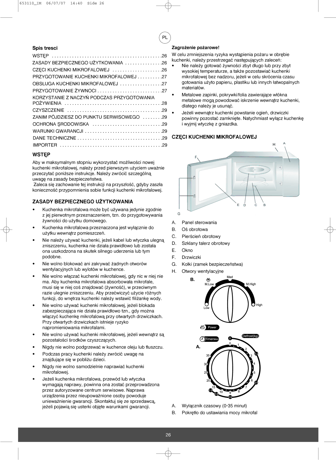 Melissa 653-111 manual Wst¢P, Zasady Bezpiecznego U˚YTKOWANIA, CZ¢CI Kuchenki Mikrofalowej, Zagro˝enie po˝arowe 