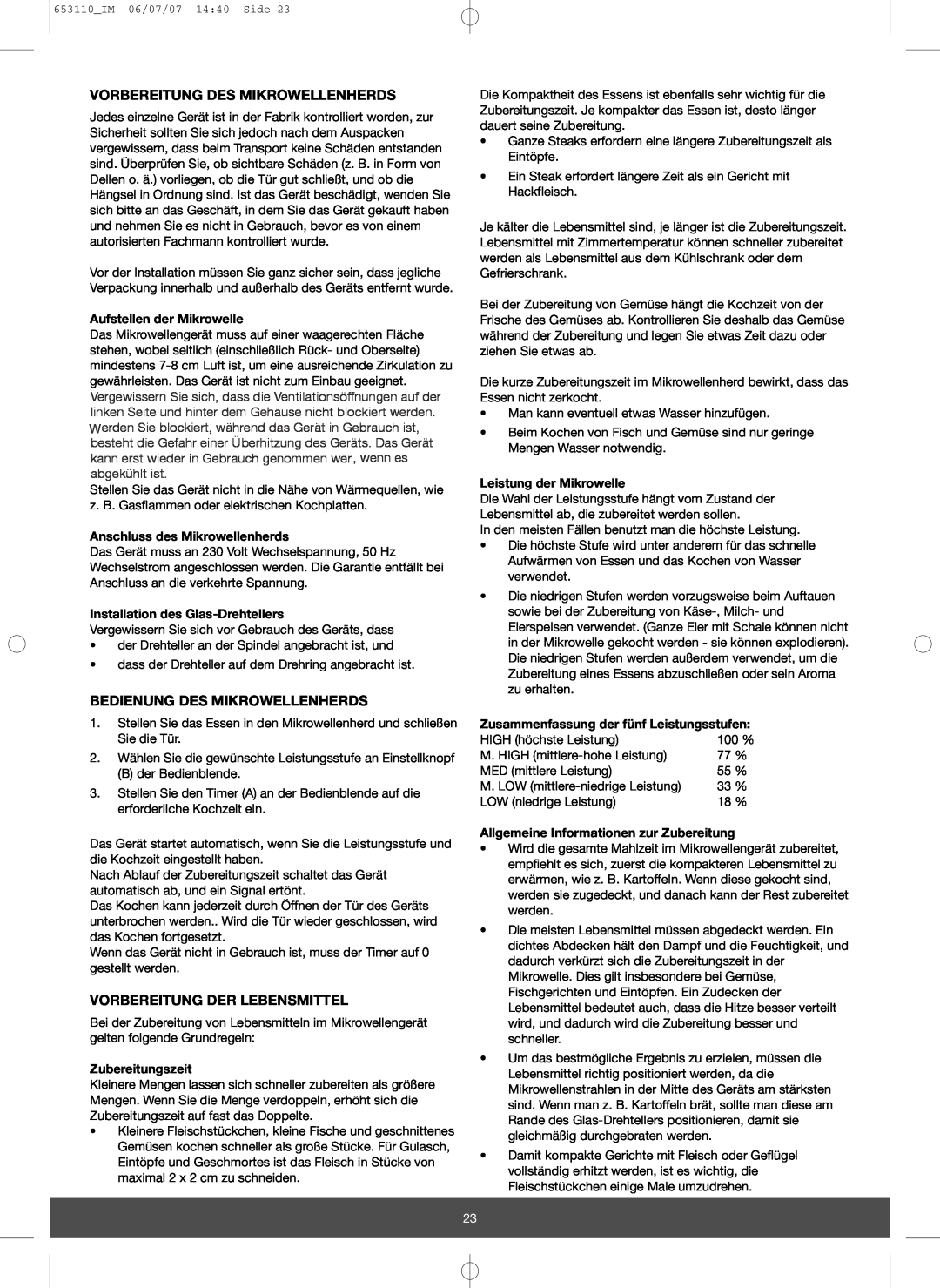 Melissa 653-111 manual Vorbereitung Des Mikrowellenherds, Bedienung Des Mikrowellenherds, Vorbereitung Der Lebensmittel 