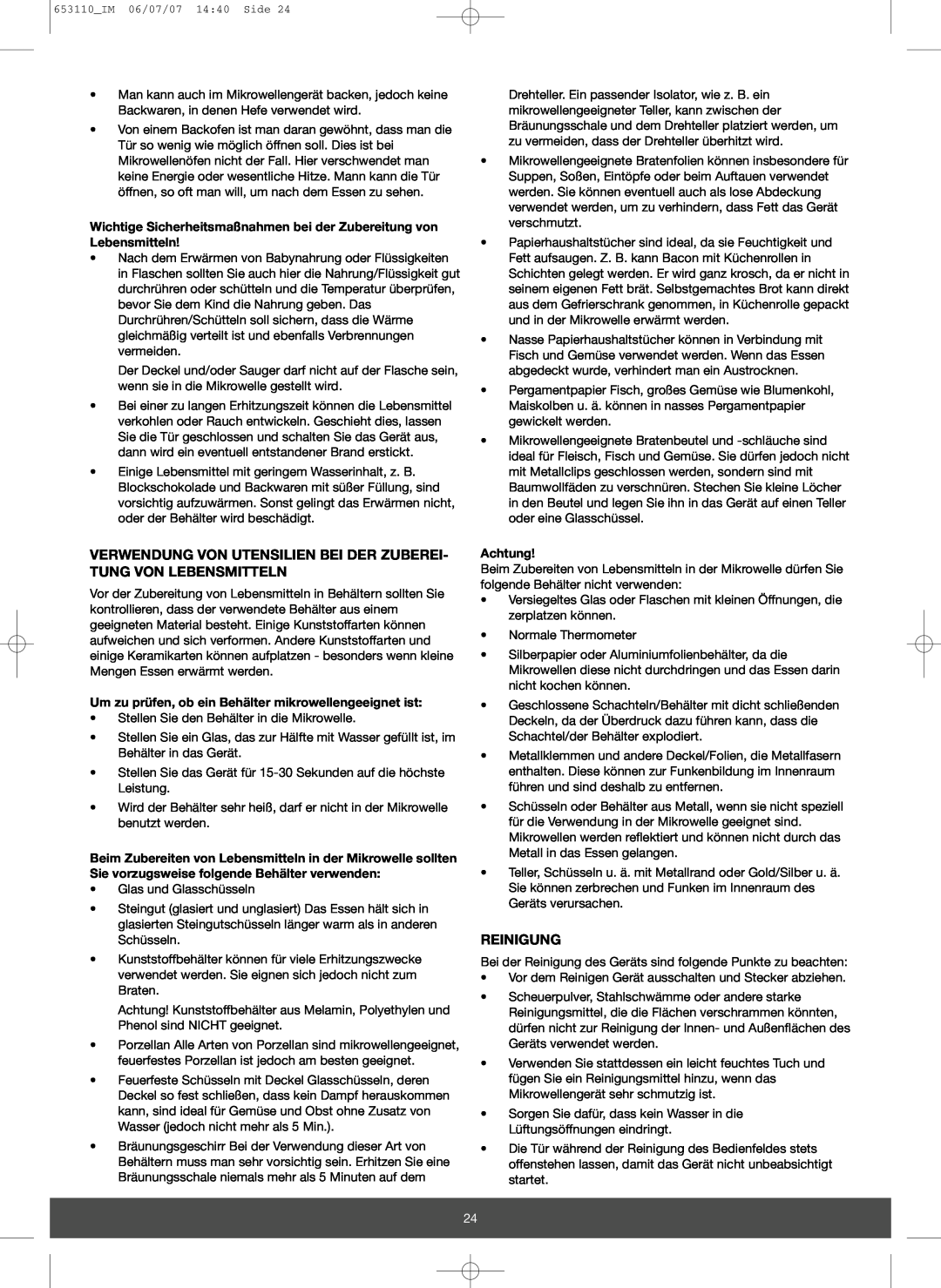 Melissa 653-111 manual Verwendung Von Utensilien Bei Der Zuberei- Tung Von Lebensmitteln, Reinigung, Achtung 