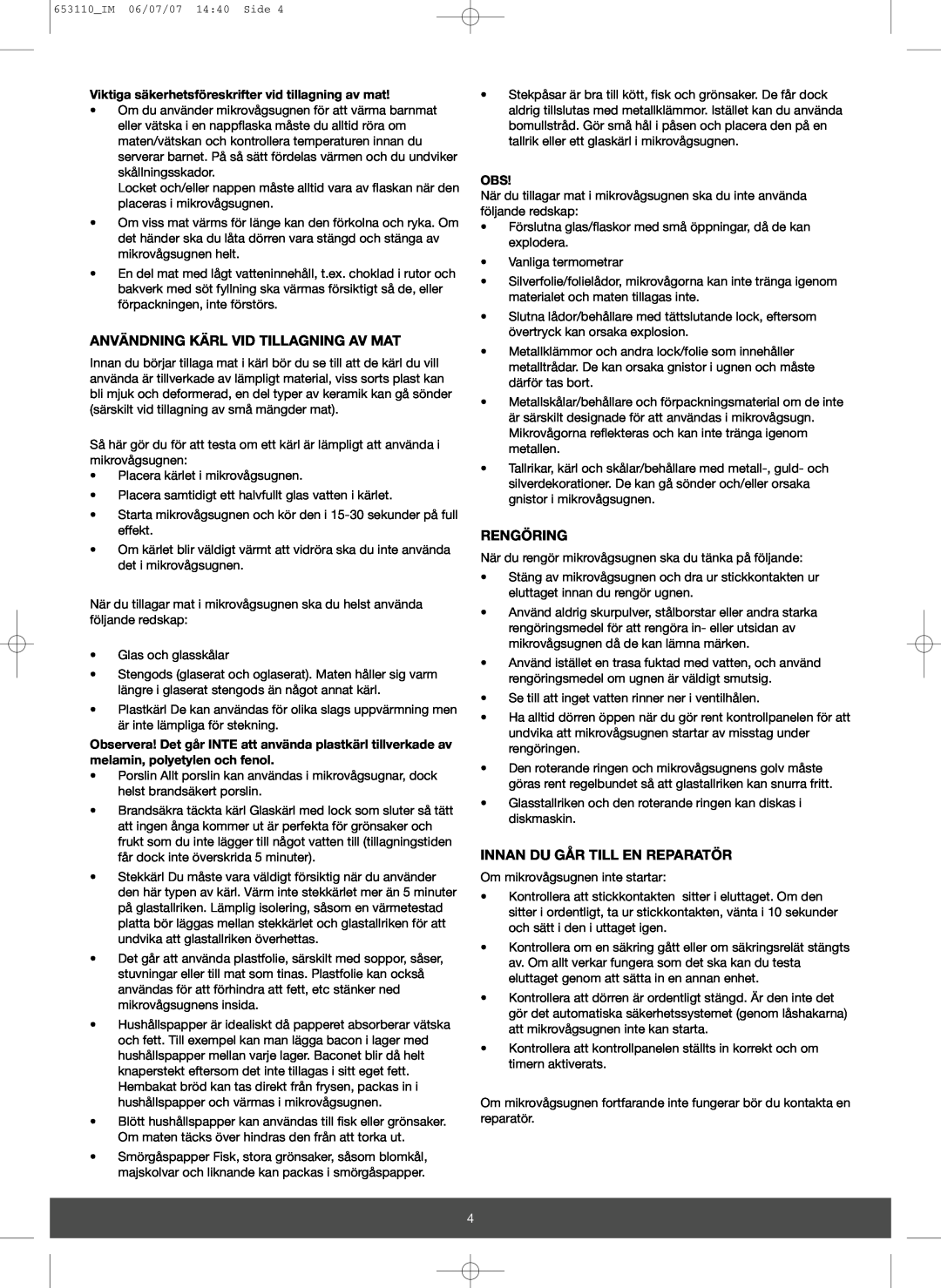 Melissa 653-111 manual Användning Kärl Vid Tillagning Av Mat, Rengöring, Innan Du Går Till En Reparatör 