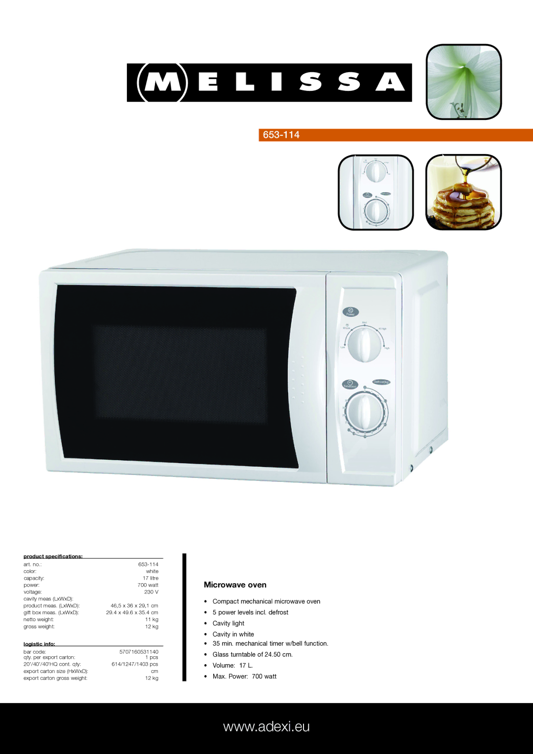 Melissa 653-114 specifications Microwave oven, Product specifications, Logistic info 