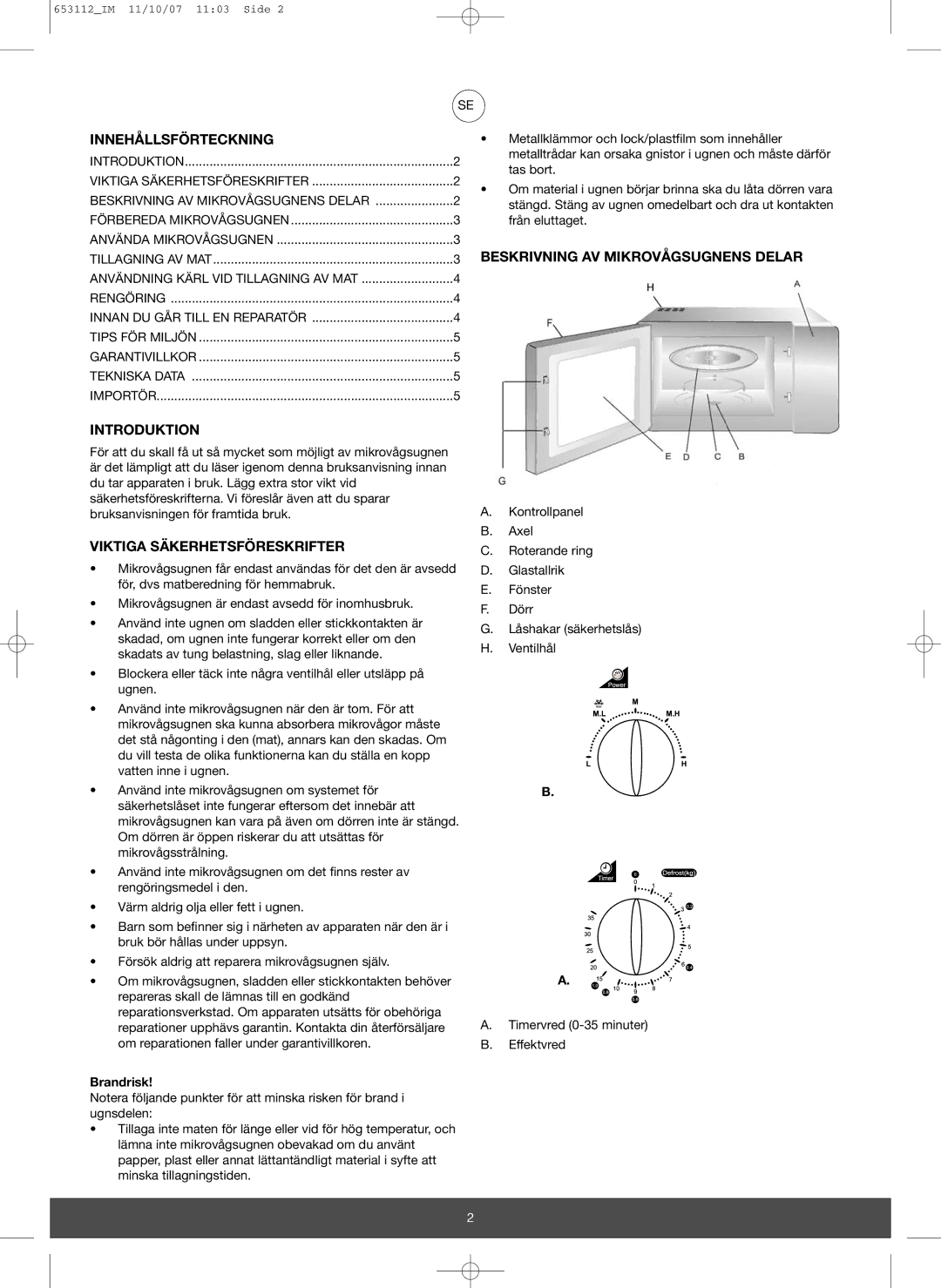 Melissa 653-115 Innehållsförteckning, Introduktion, Viktiga Säkerhetsföreskrifter, Beskrivning AV Mikrovågsugnens Delar 