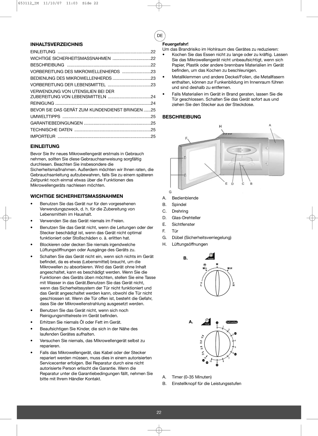 Melissa 653-115 manual Inhaltsverzeichnis, Einleitung, Wichtige Sicherheitsmassnahmen, Beschreibung, Feuergefahr 