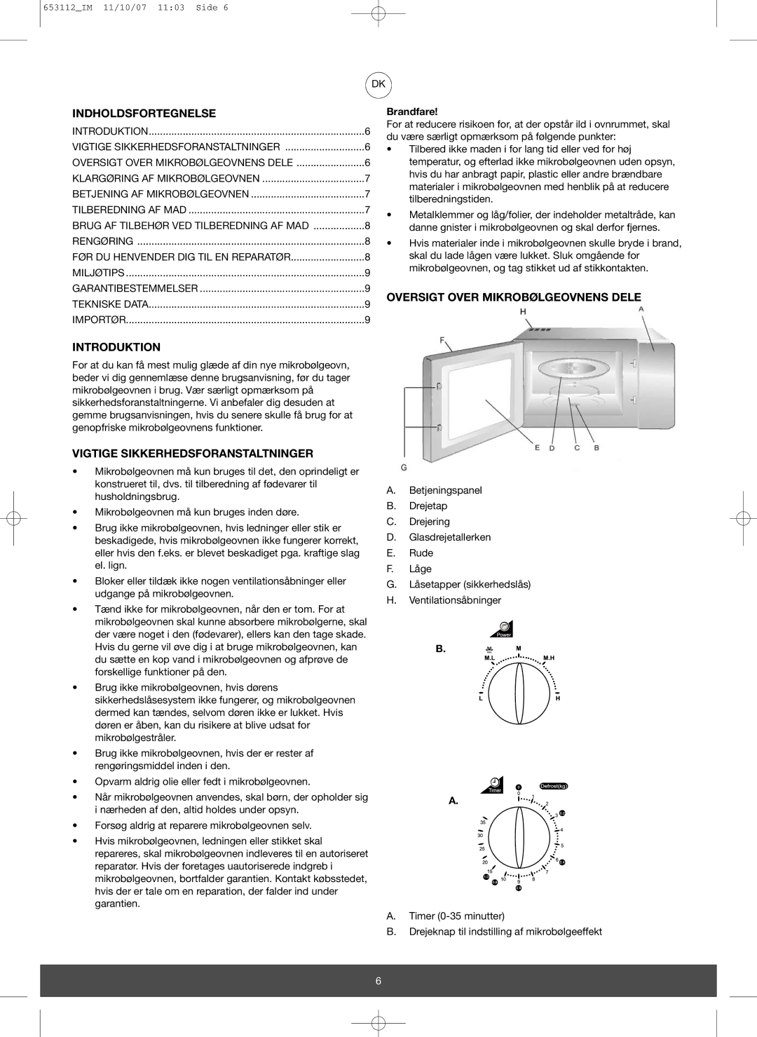 Melissa 653-115 Indholdsfortegnelse, Vigtige Sikkerhedsforanstaltninger, Oversigt Over Mikrobølgeovnens Dele, Brandfare 