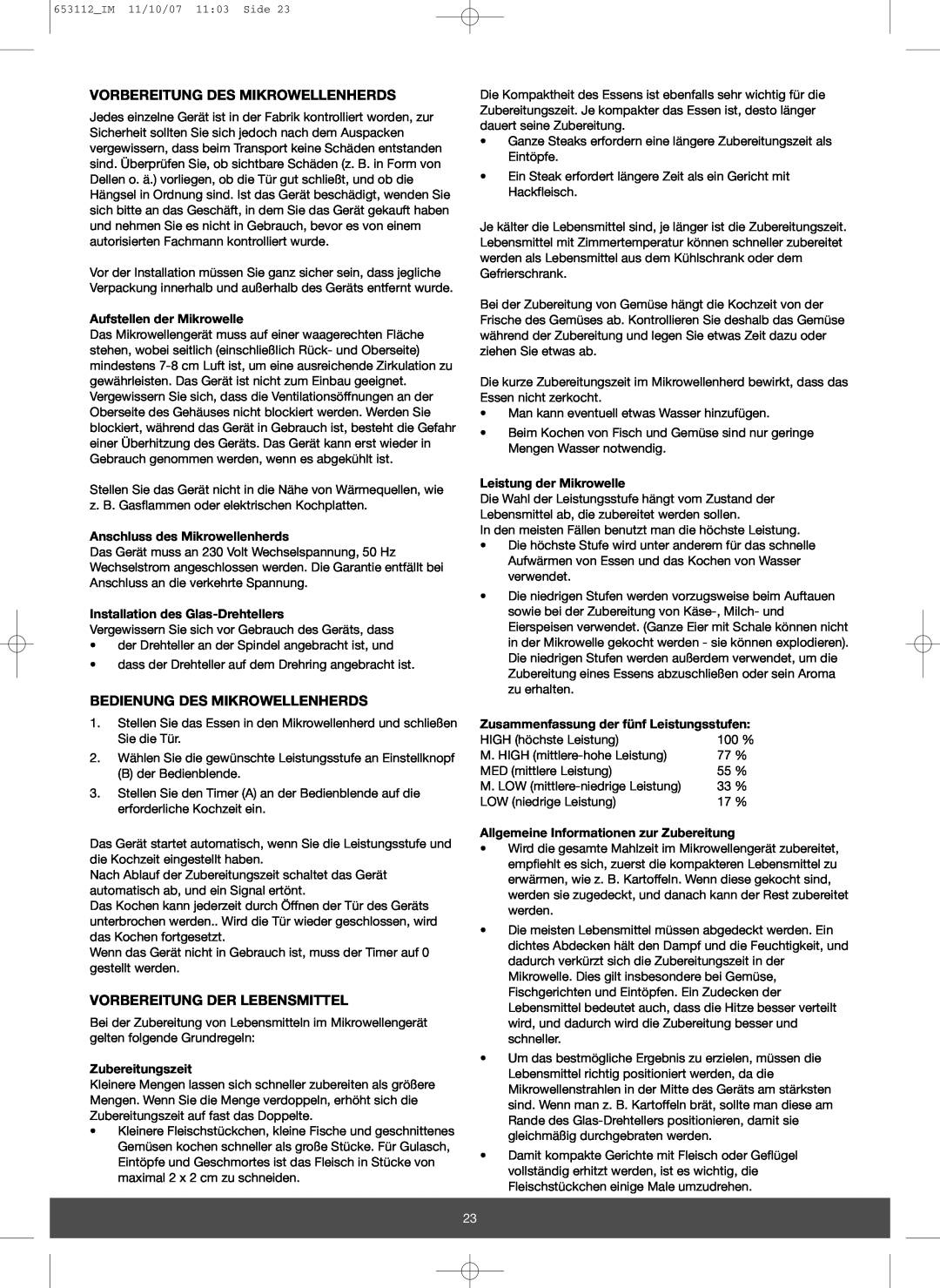 Melissa 653-115 manual Vorbereitung Des Mikrowellenherds, Bedienung Des Mikrowellenherds, Vorbereitung Der Lebensmittel 