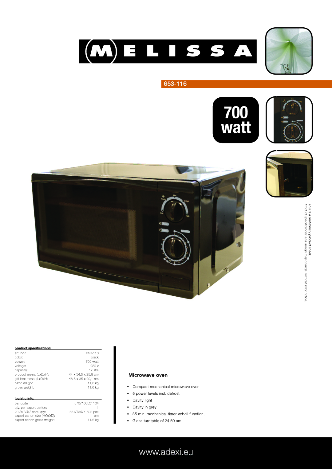 Melissa 653-116 specifications Watt, Microwave oven, Product specifications, Logistic info 