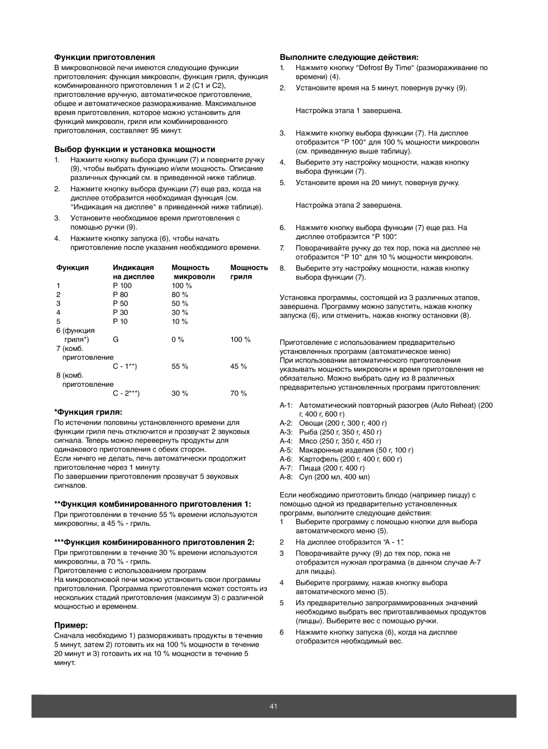 Melissa 653088 manual Функции приготовления, Выбор функции и установка мощности, Функция гриля, Пример 