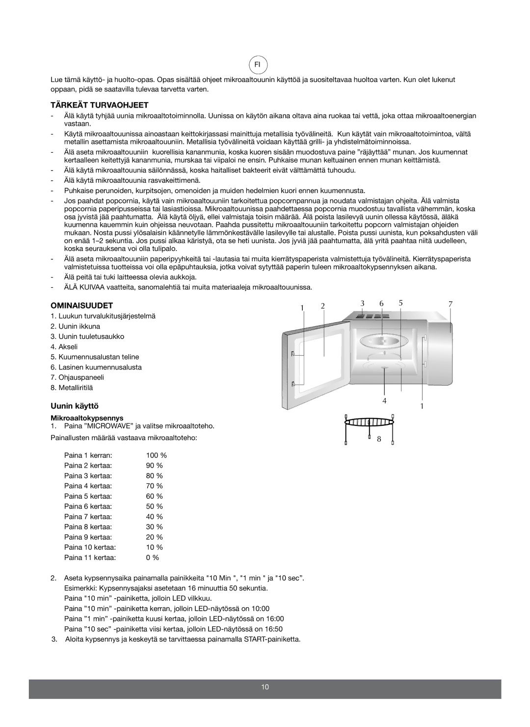 Melissa 653103 manual Tärkeät Turvaohjeet, Ominaisuudet, Uunin käyttö, Mikroaaltokypsennys 