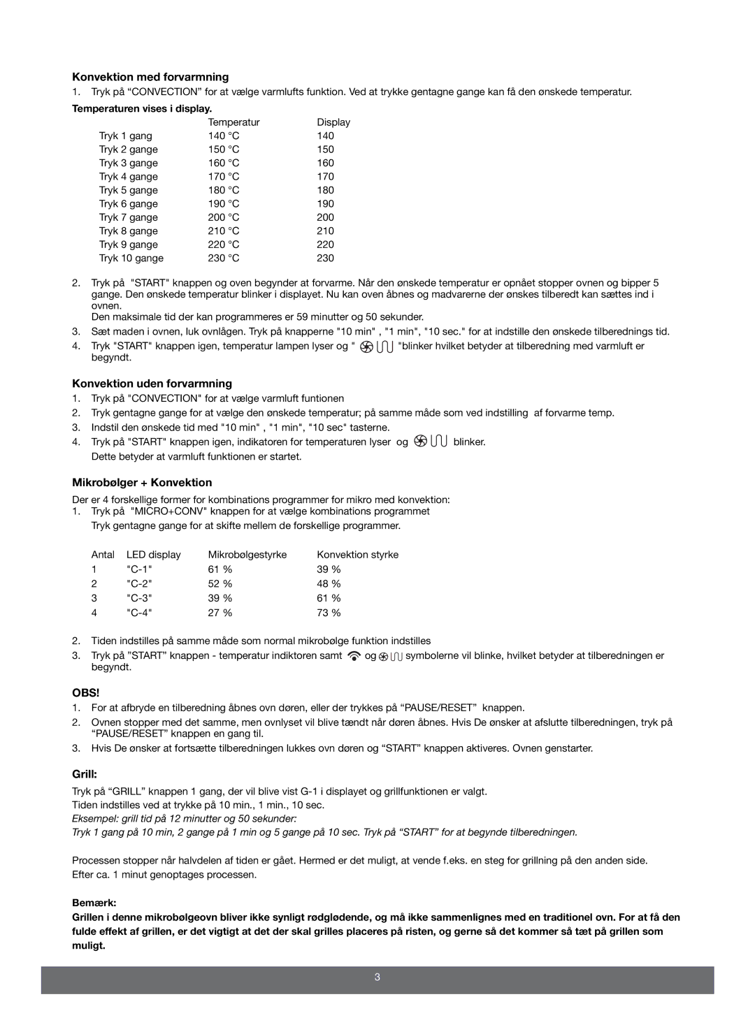 Melissa 653103 manual Konvektion med forvarmning, Konvektion uden forvarmning, Mikrobølger + Konvektion, Obs, Grill 