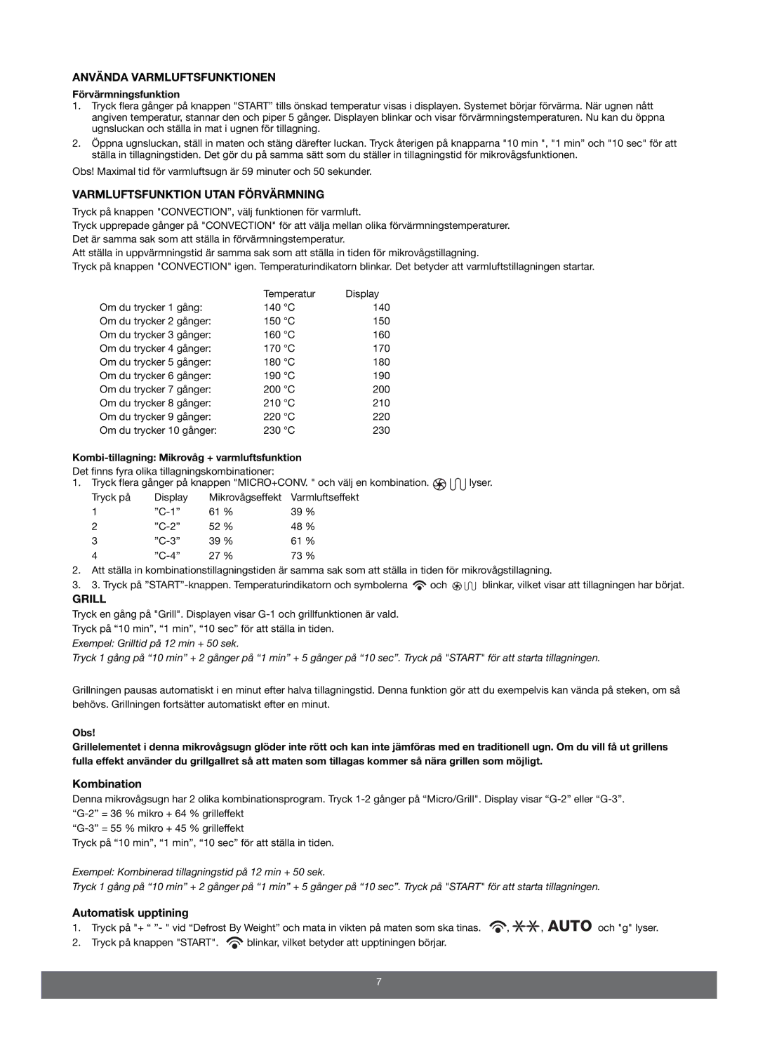 Melissa 653103 manual Använda Varmluftsfunktionen, Varmluftsfunktion Utan Förvärmning, Grill, Automatisk upptining 