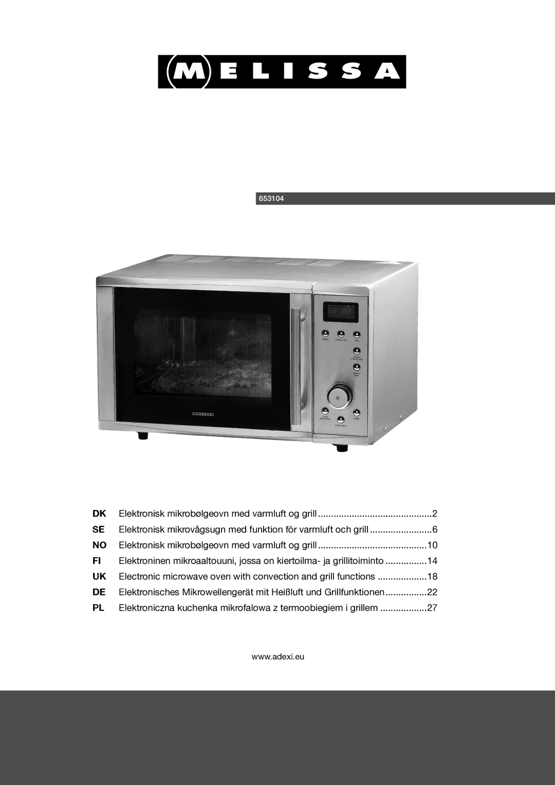 Melissa 653104 manual Elektronisk mikrovågsugn med funktion för varmluft och grill 