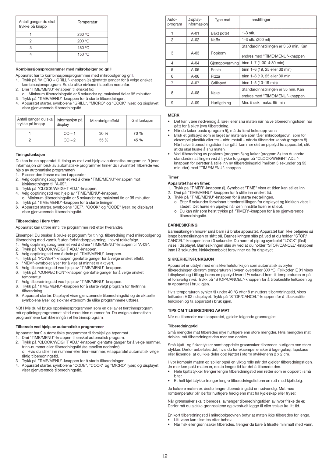 Melissa 653104 manual Merk, Barnesikring, Sikkerhetsfunksjon, Tips OM Tilberedning AV MAT 