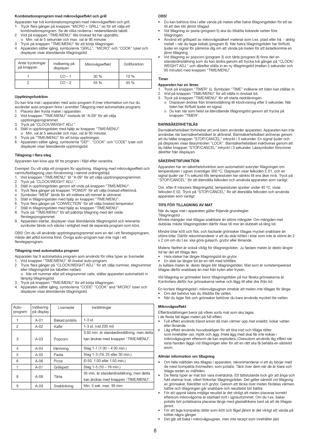 Melissa 653104 manual Obs, Barnsäkerhetslås, Säkerhetsfunktion, Tips FÖR Tillagning AV MAT 