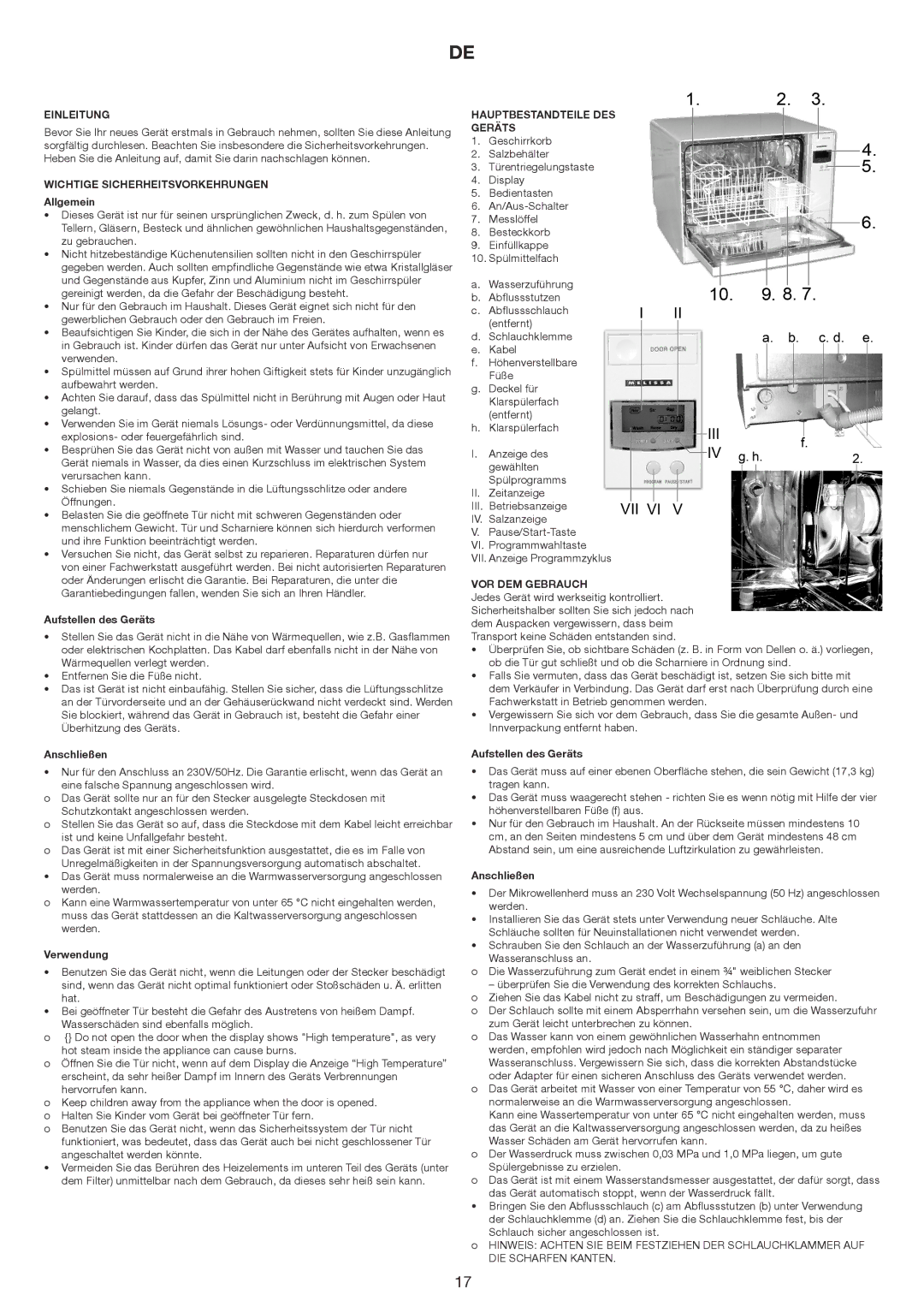 Melissa 658005 manual Einleitung, Wichtige Sicherheitsvorkehrungen, Hauptbestandteile DES Geräts, VOR DEM Gebrauch 