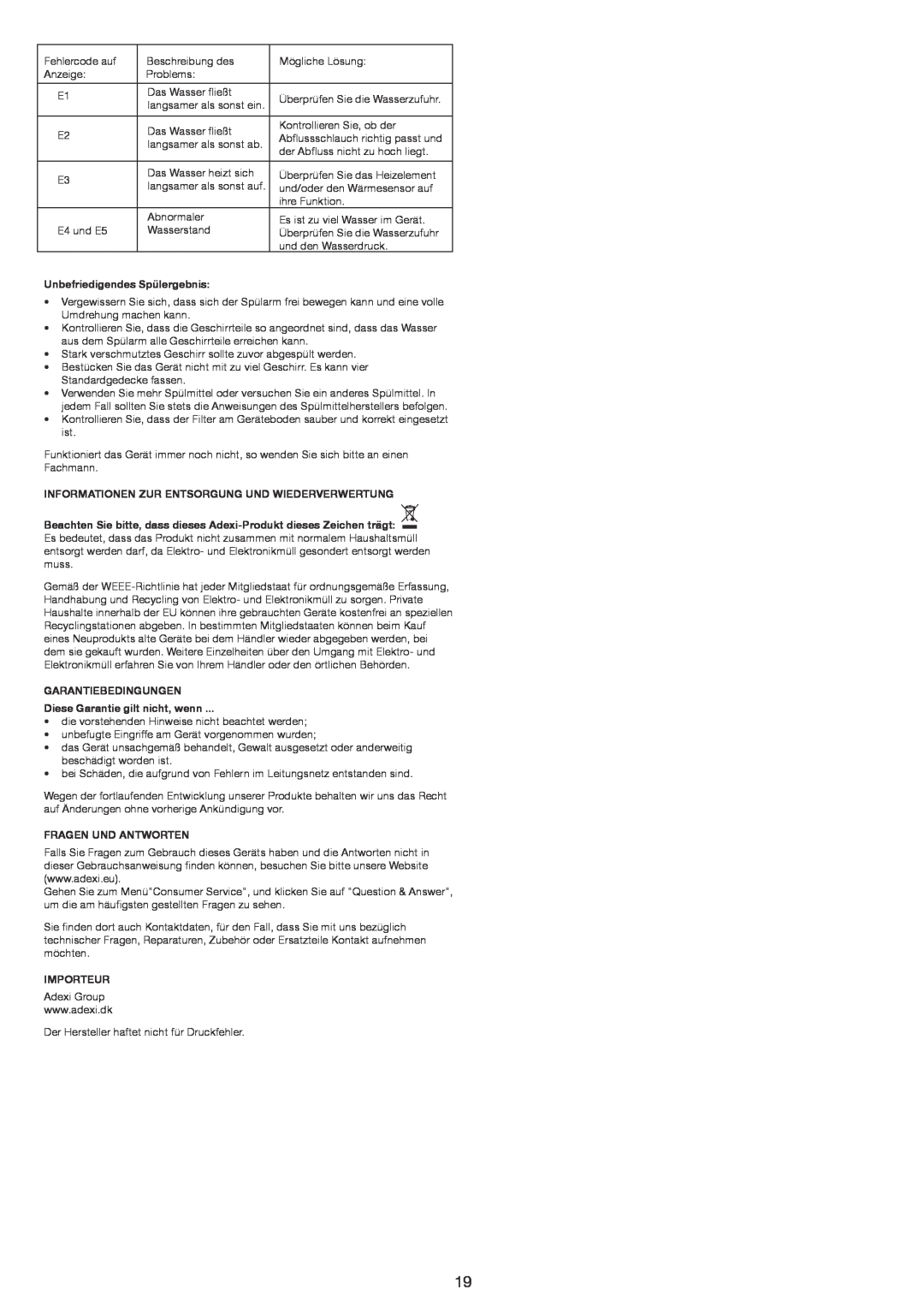 Melissa 658005 manual Unbefriedigendes Spülergebnis, Informationen Zur Entsorgung Und Wiederverwertung, Garantiebedingungen 