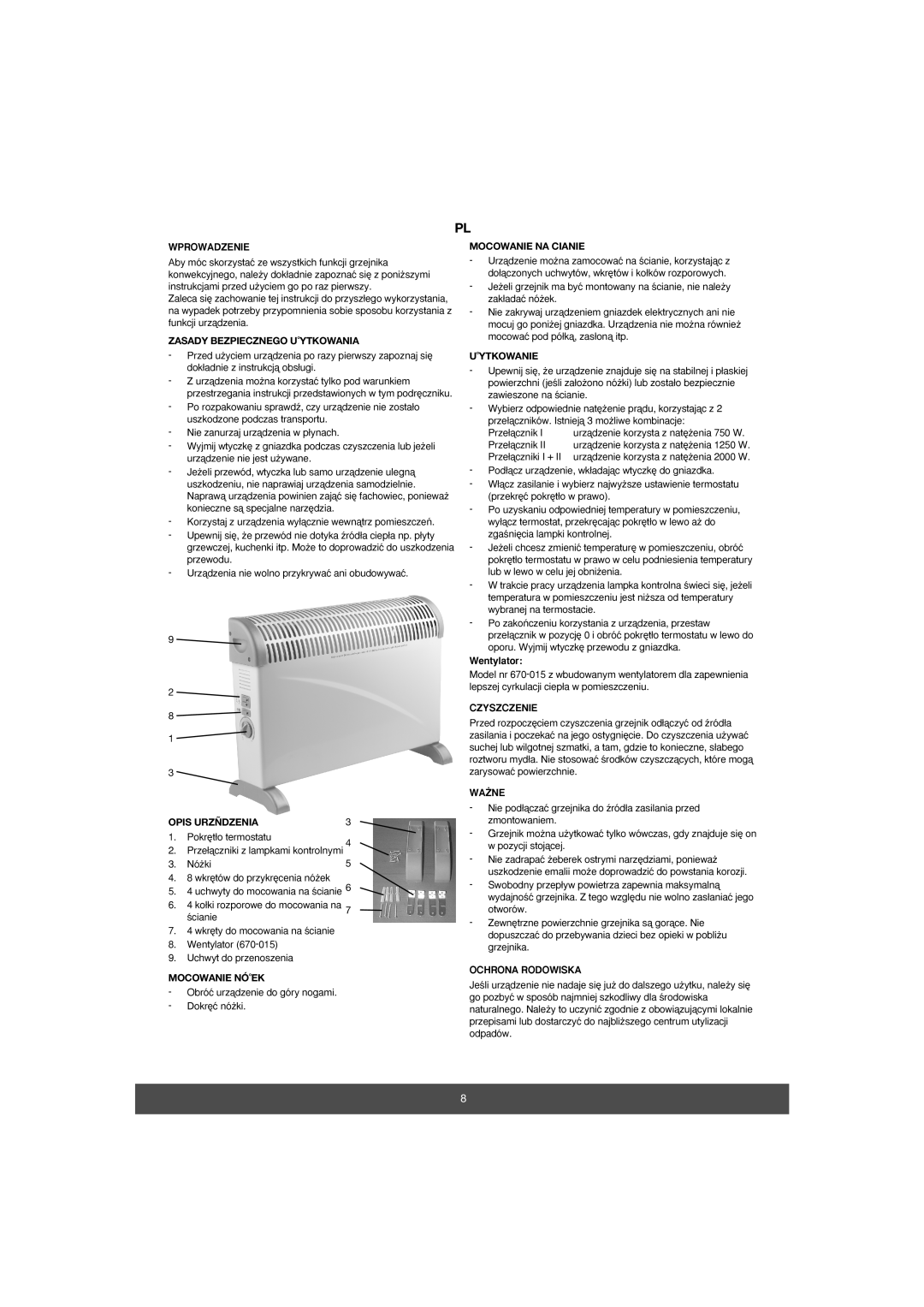 Melissa 670-015 manual Wprowadzenie, Zasady Bezpiecznego U˚YTKOWANIA, Opis Urzñdzenia, Mocowanie NÓ˚EK, Mocowanie NA Cianie 