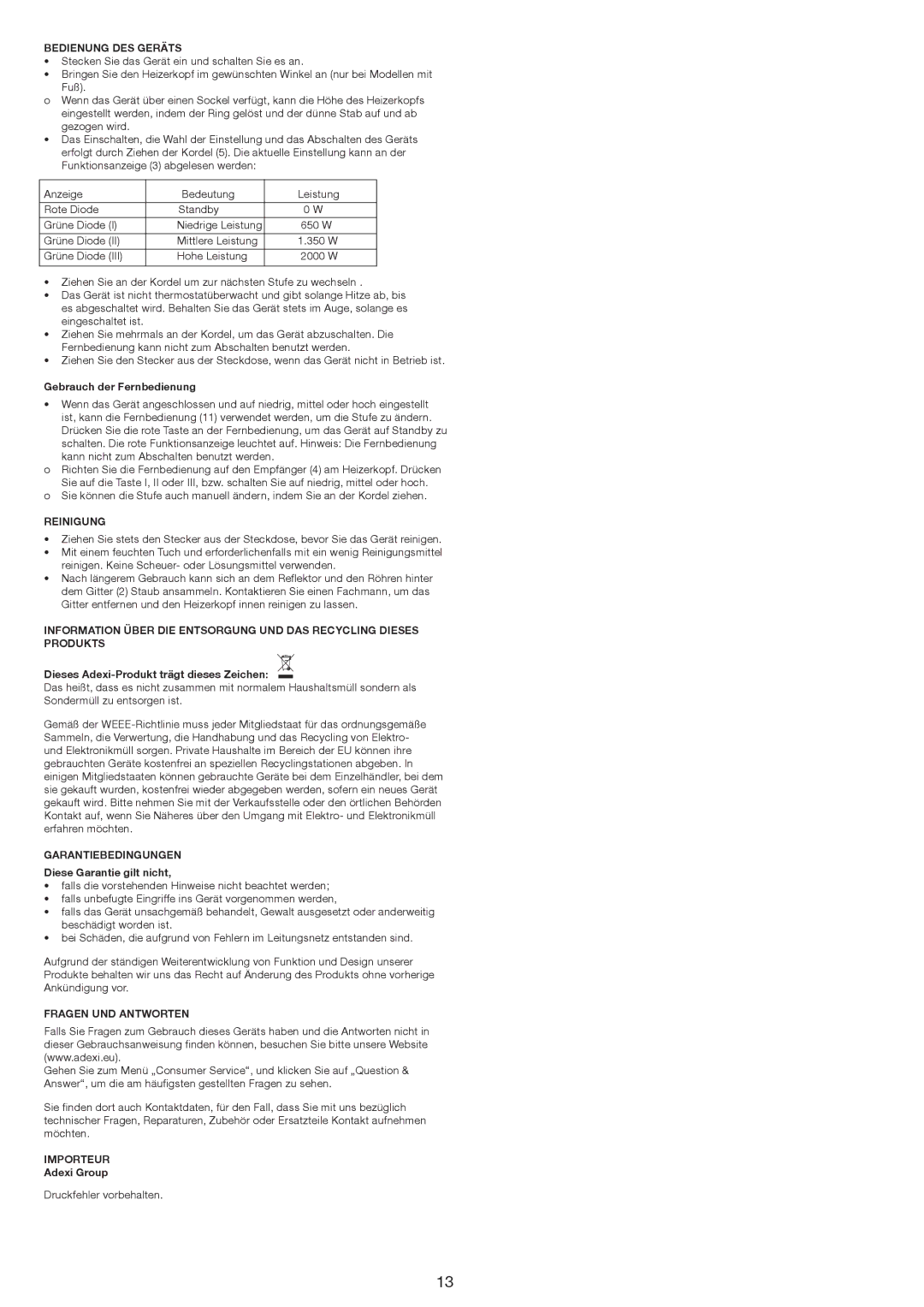 Melissa 670-202/203 manual Bedienung DES Geräts, Reinigung, Garantiebedingungen, Fragen UND Antworten, Importeur 