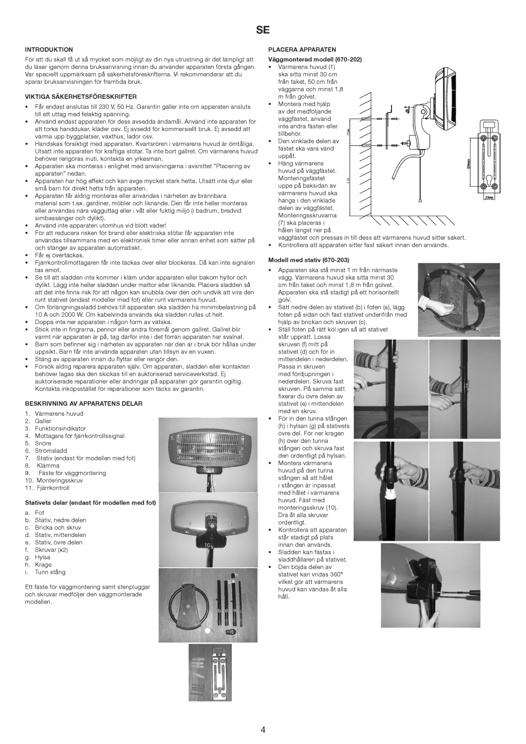 Melissa 670-202/203 manual Viktiga Säkerhetsföreskrifter, Beskrivning AV Apparatens Delar, Placera Apparaten 