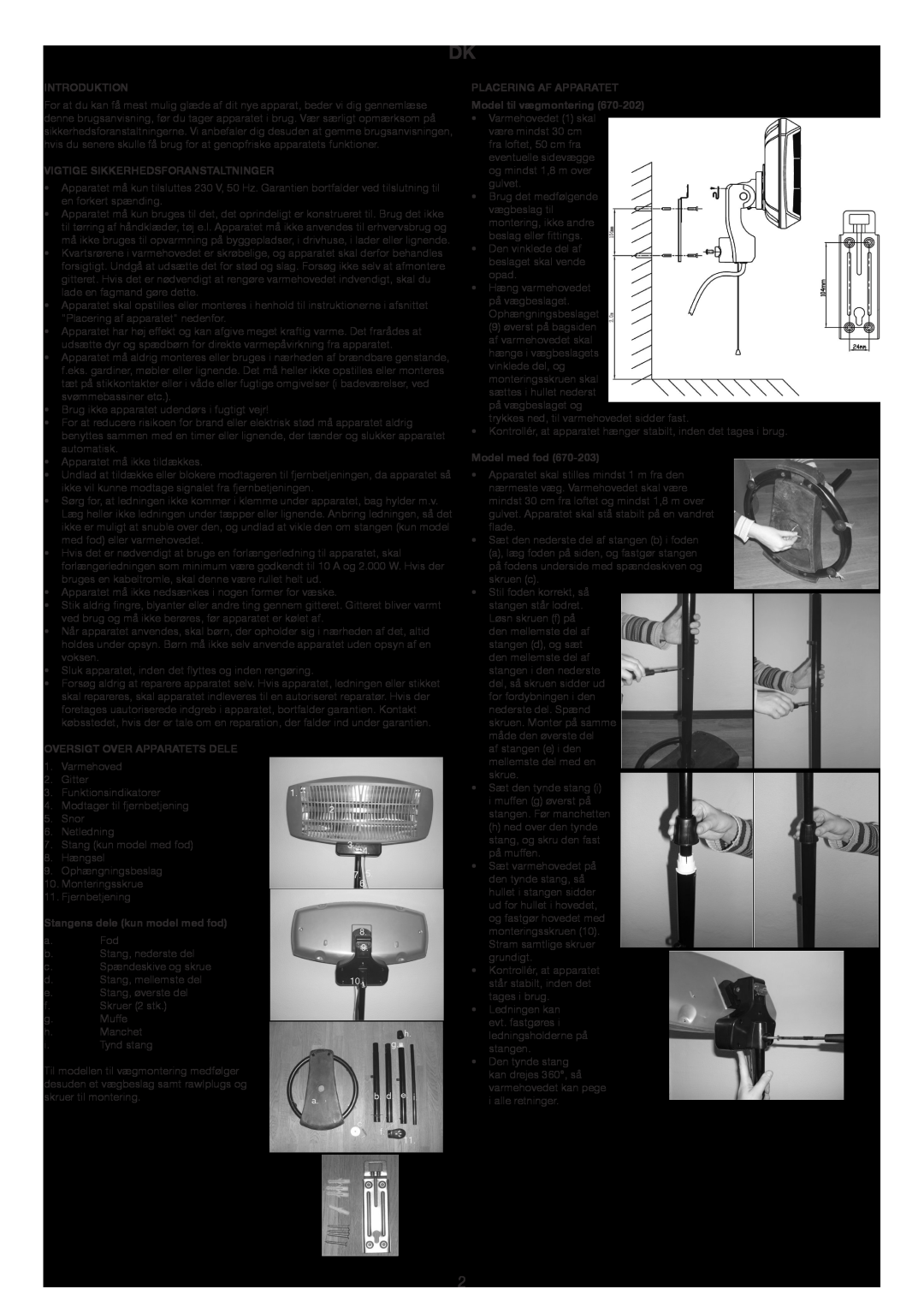 Melissa 670-202/203 manual Introduktion, Vigtige Sikkerhedsforanstaltninger, Oversigt Over Apparatets Dele, Model med fod 
