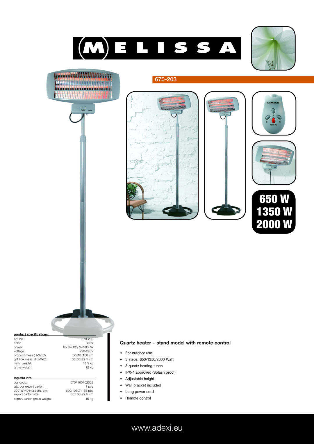 Melissa 670-203 specifications 650 W 1350 W 2000 W, Quartz heater stand model with remote control, Product specifications 