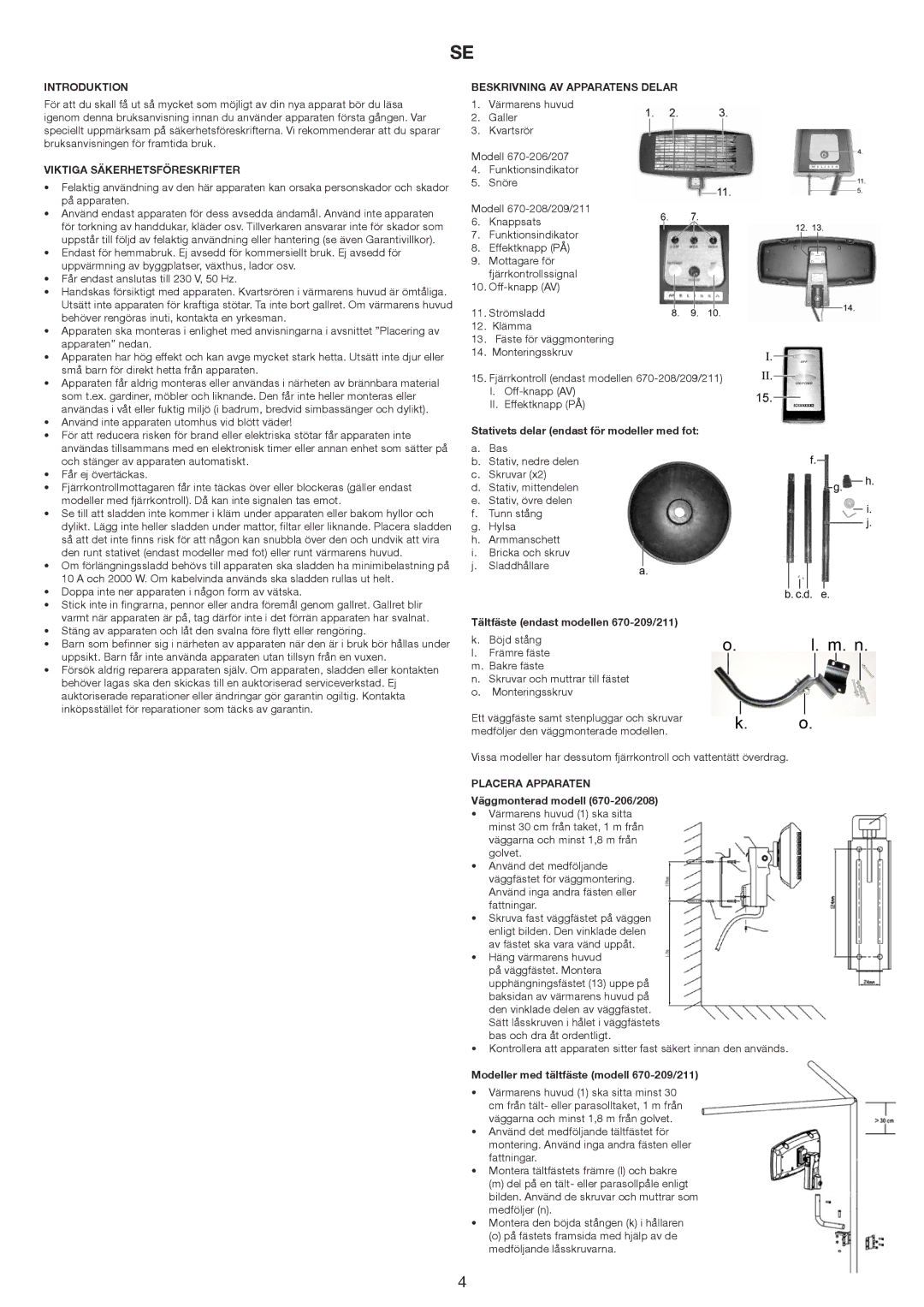 Melissa 670-209, 670-207, 670-211, 670-206 Viktiga Säkerhetsföreskrifter, Beskrivning AV Apparatens Delar, Placera Apparaten 