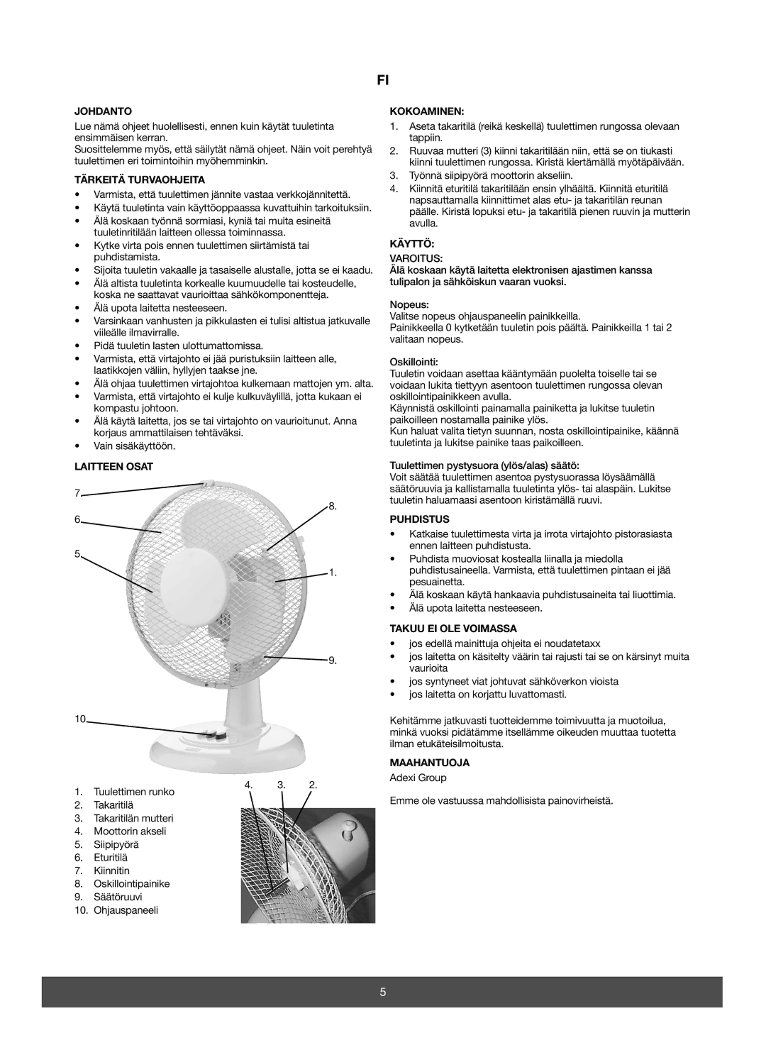 Melissa 671-105 manual Johdanto, Tärkeitä Turvaohjeita, Laitteen Osat, Kokoaminen, Käyttö, Puhdistus, Takuu EI OLE Voimassa 