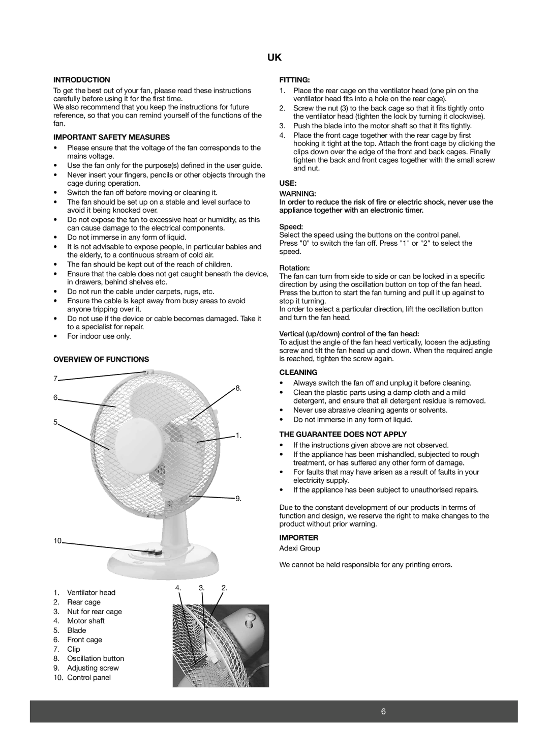 Melissa 671-105 manual Introduction, Important Safety Measures, Overview of Functions Fitting, Use, Cleaning, Importer 