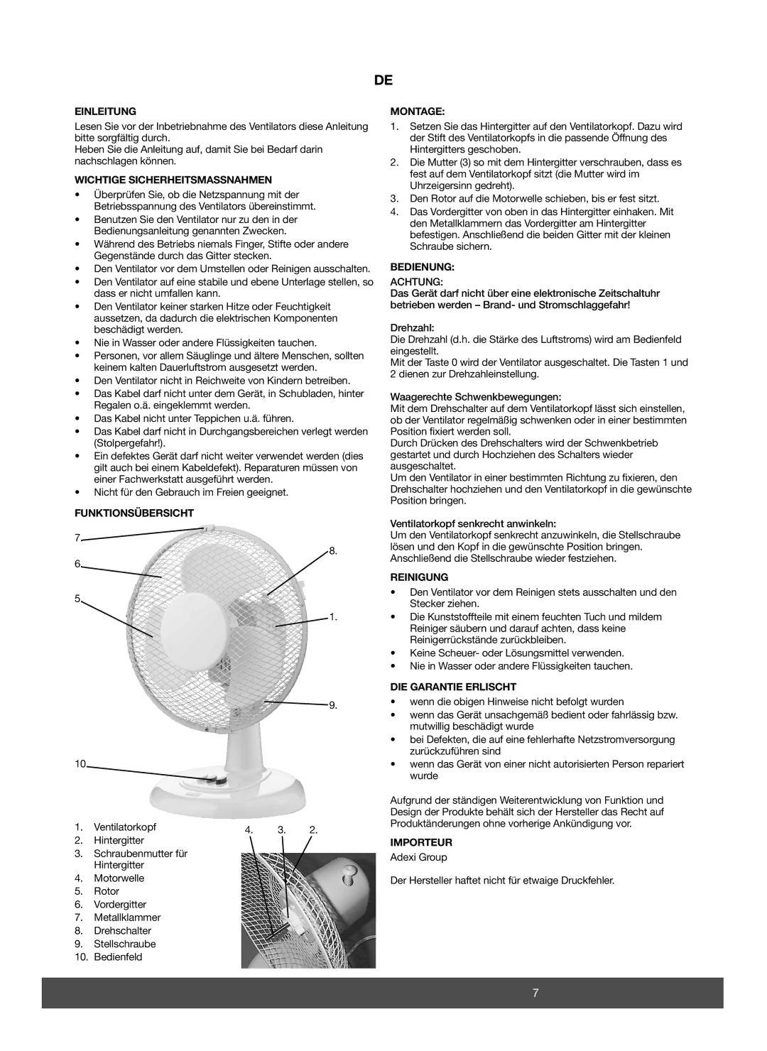 Melissa 671-105 Einleitung, Wichtige Sicherheitsmassnahmen, Funktionsübersicht, Montage, Bedienung, Reinigung, Importeur 