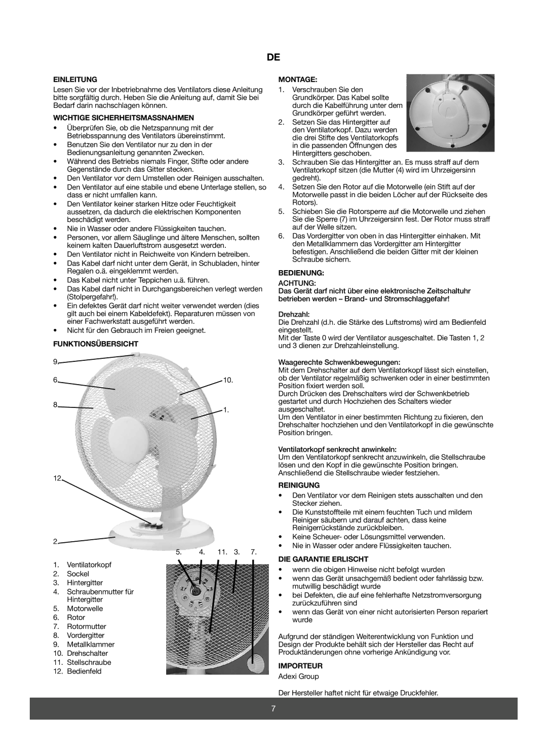 Melissa 671-106 Einleitung, Wichtige Sicherheitsmassnahmen, Funktionsübersicht, Montage, Bedienung, Reinigung, Importeur 