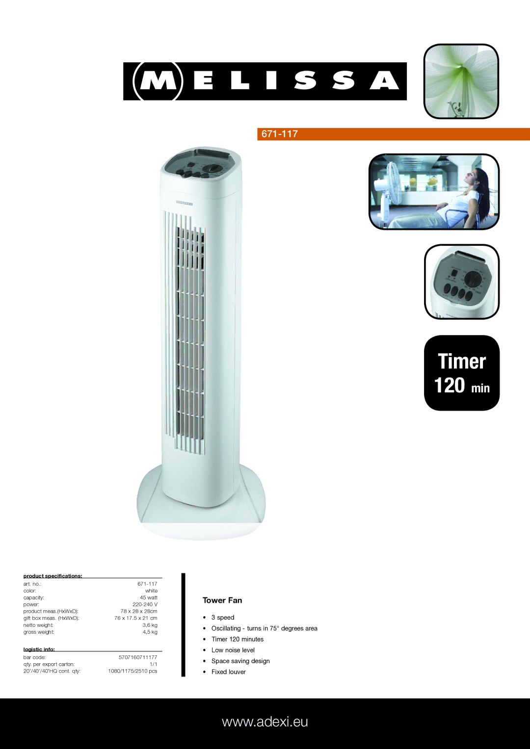 Melissa 671-117 specifications Timer 120 min, Tower Fan, Product specifications, Logistic info 