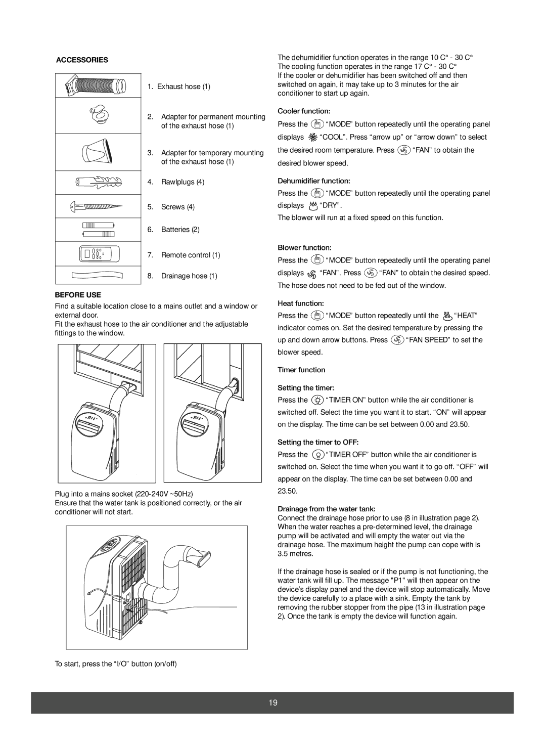 Melissa 673-003 manual Accessories, Exhaust hose, Rawlplugs Screws Batteries Remote control Drainage hose, Before USE 