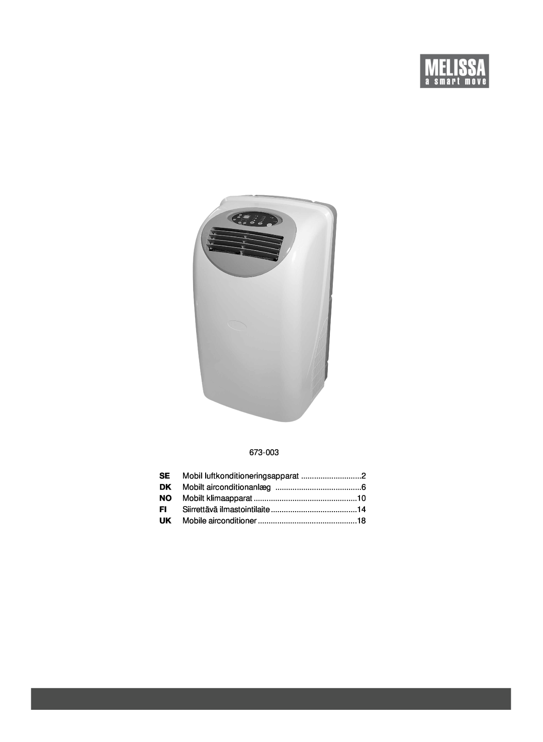 Melissa 673-003 manual Mobil luftkonditioneringsapparat, Mobilt airconditionanlæg, Mobilt klimaapparat 