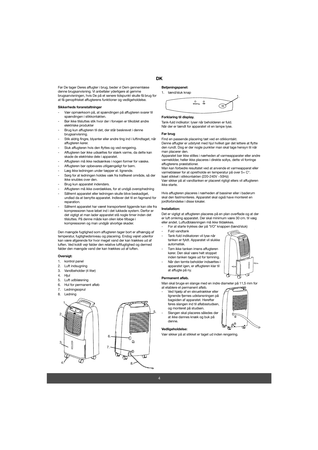 Melissa 676-001 Sikkerheds foranstaltninger, Oversigt, Betjeningspanel, Forklaring til display, ¿r brug, Permanent afl¿b 