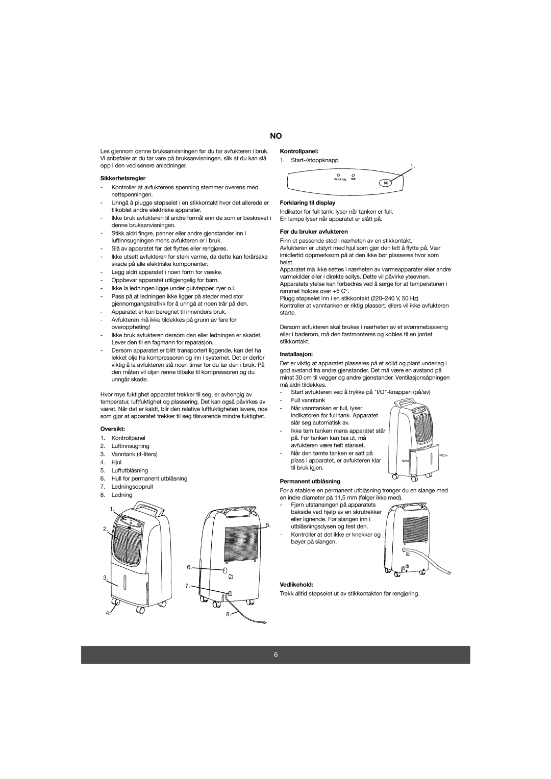 Melissa 676-001 manual Sikkerhetsregler, ¿r du bruker avfukteren, Installasjon, Oversikt, Permanent utblŒsning, Vedlikehold 