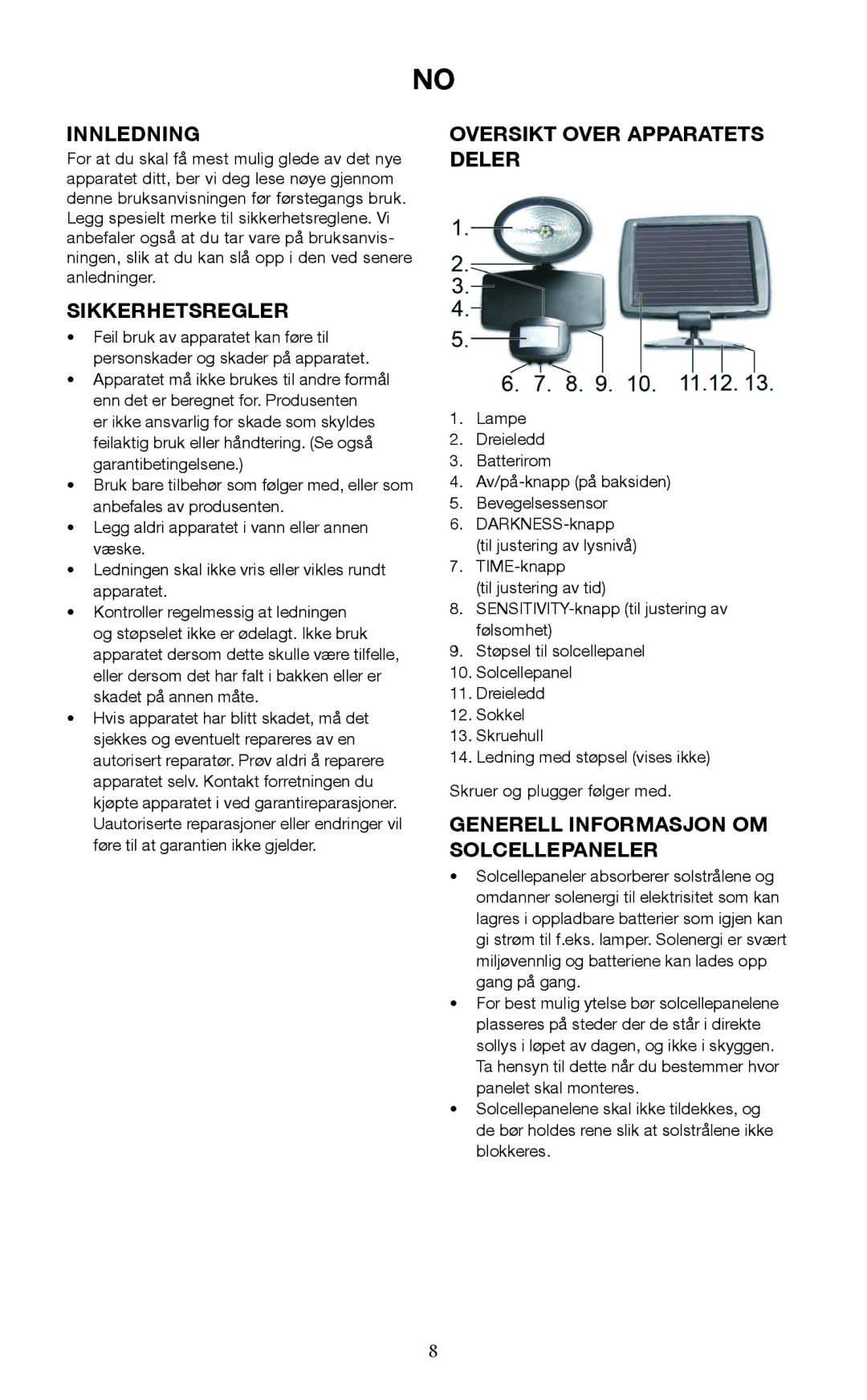 Melissa 677-001 Innledning, Sikkerhetsregler, Oversikt Over Apparatets Deler, Generell Informasjon OM Solcellepaneler 