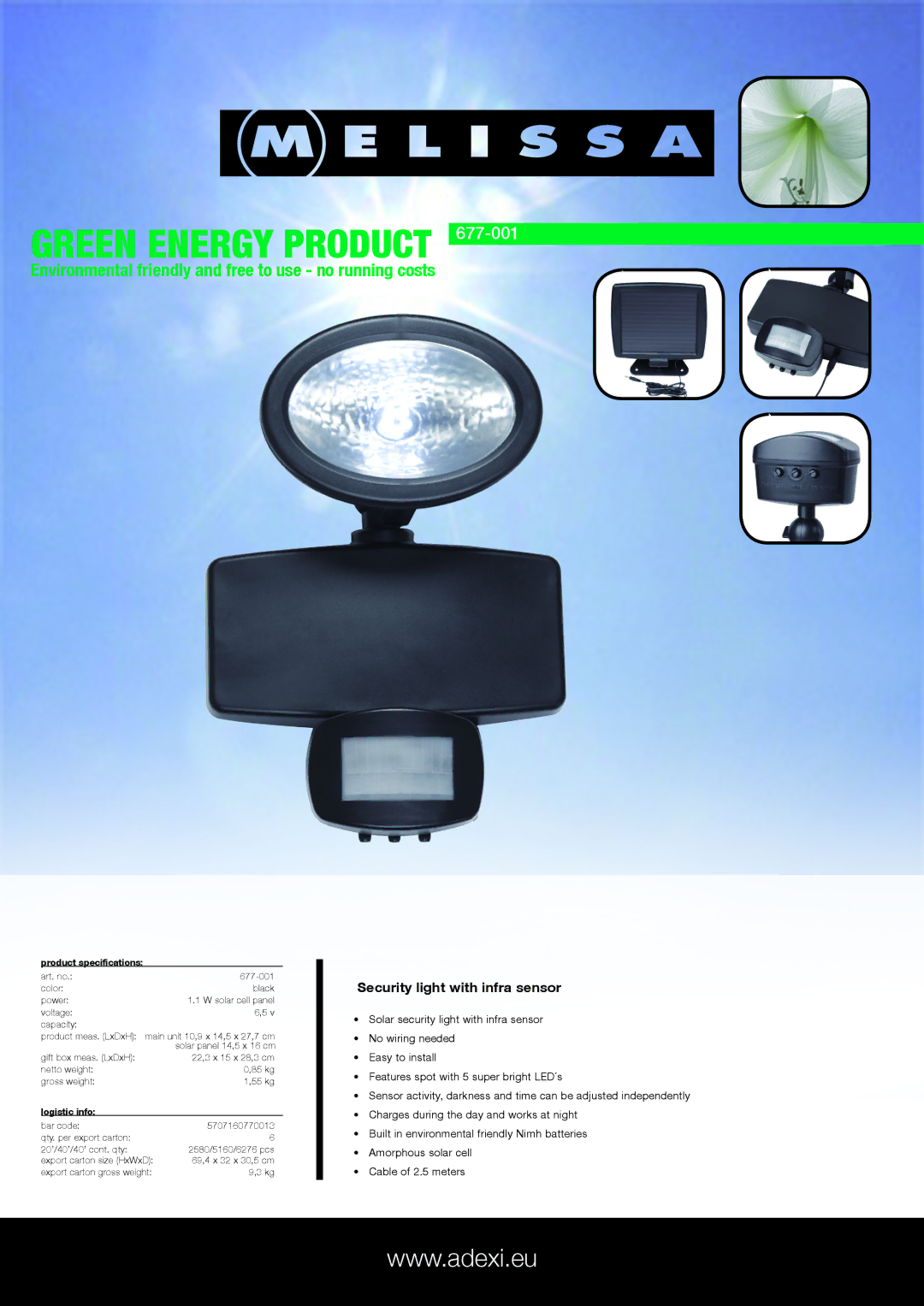 Melissa 677-001 specifications Green energy product, Environmental friendly and free to use no running costs 