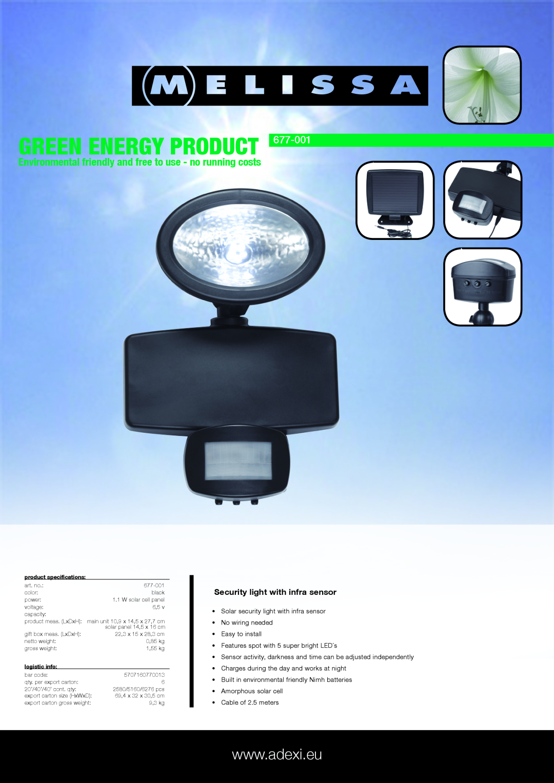 Melissa 677-001 specifications Green energy product, Security light with infra sensor 