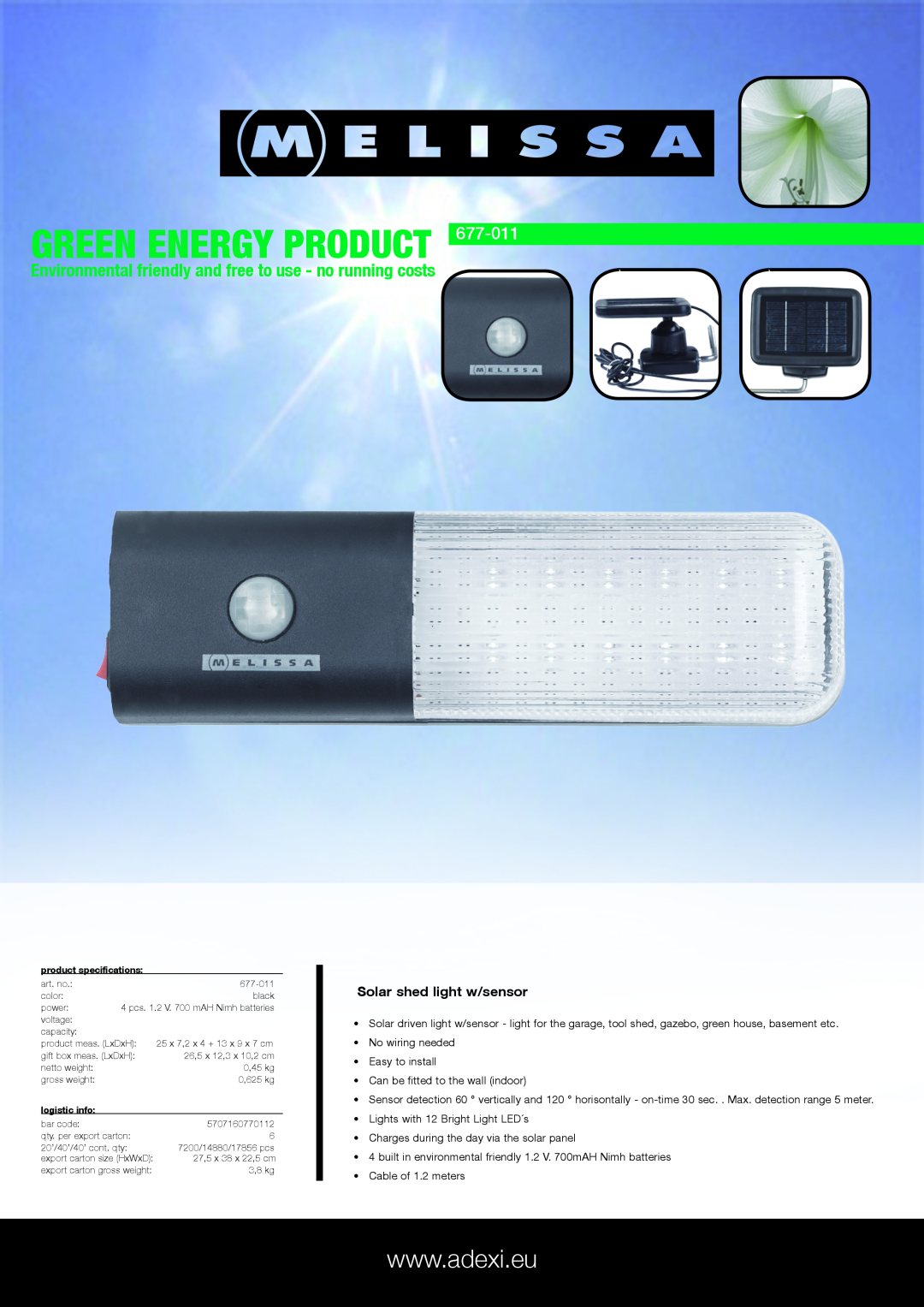 Melissa 677-011 specifications Green energy product, Solar shed light w/sensor 