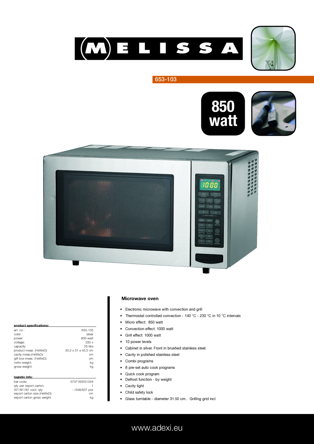 Melissa 6916FDWDE specifications Watt, Microwave oven, Product specifications, Logistic info 