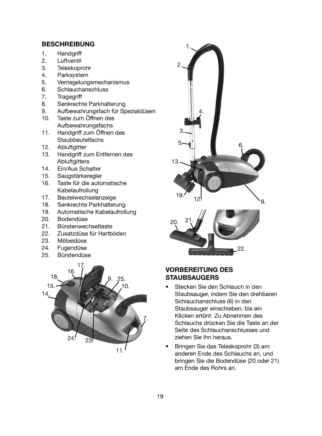 Melissa 740-094 manual Beschreibung, Vorbereitung DES Staubsaugers 