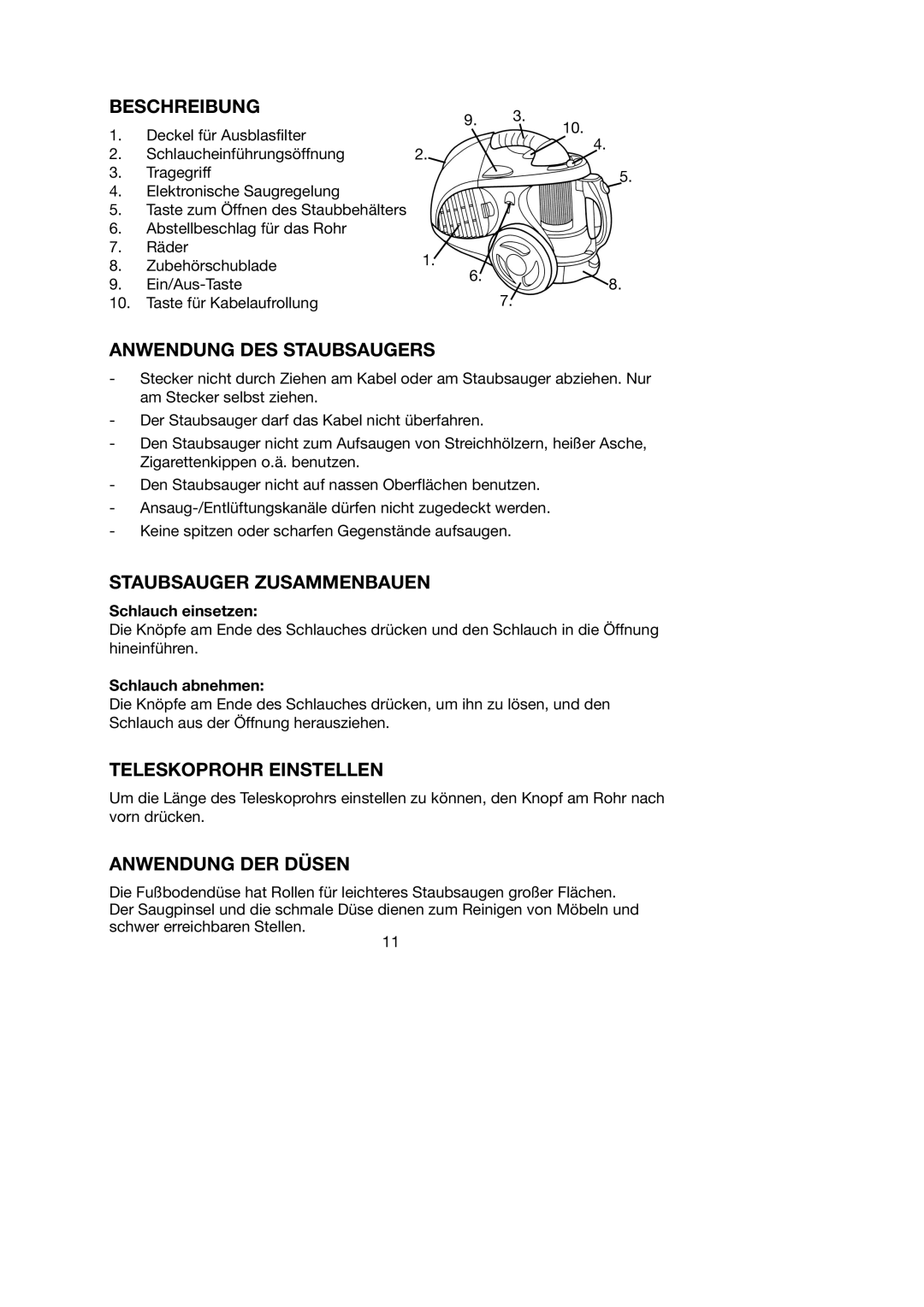 Melissa 740-095 manual Beschreibung, Anwendung DES Staubsaugers, Staubsauger Zusammenbauen, Teleskoprohr Einstellen 