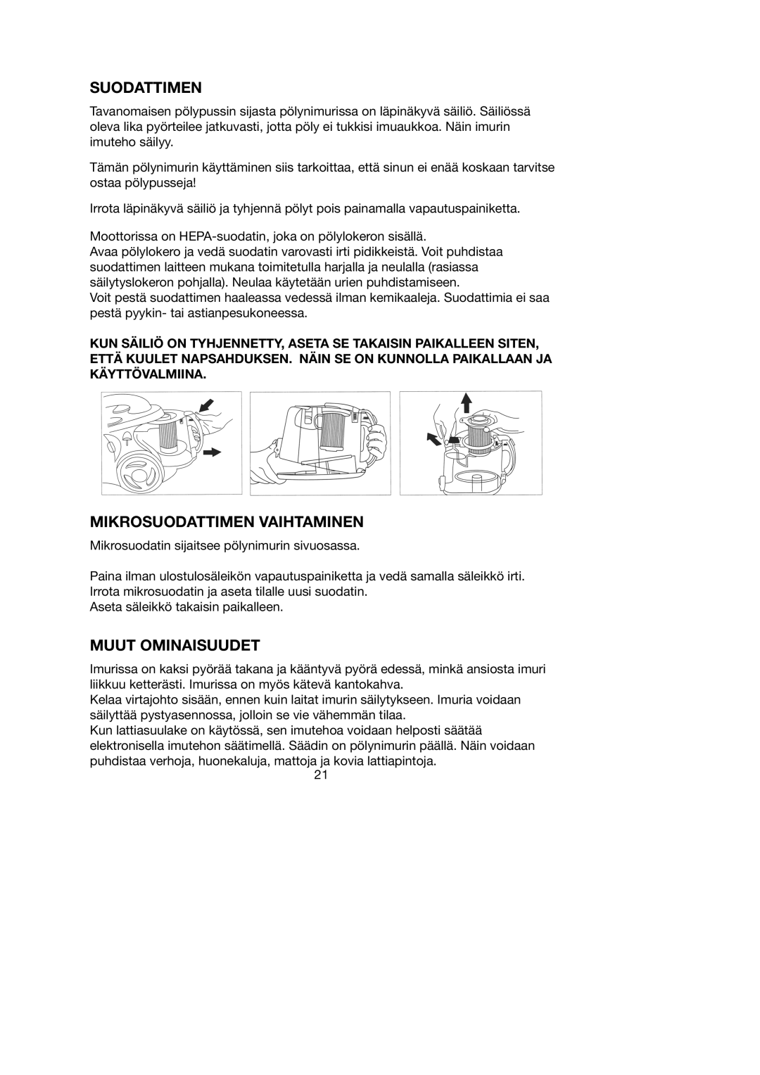 Melissa 740-095 manual Suodattimen, Mikrosuodattimen Vaihtaminen, Muut Ominaisuudet 