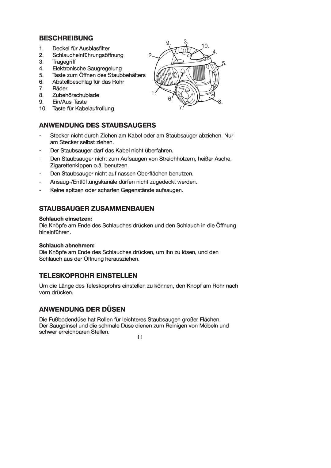 Melissa 740-095 manual Beschreibung, Anwendung Des Staubsaugers, Staubsauger Zusammenbauen, Teleskoprohr Einstellen 