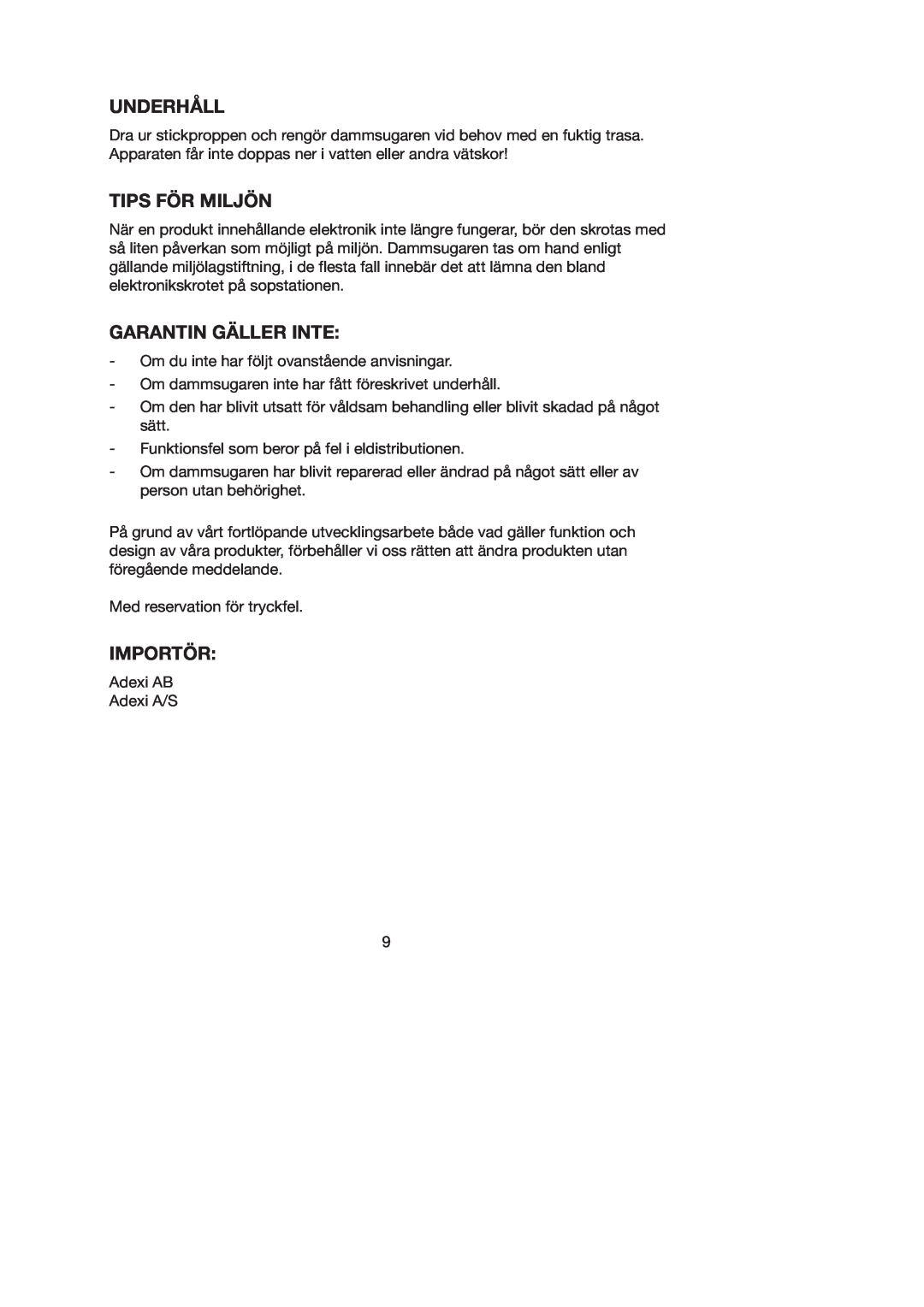 Melissa 740-095 manual Underhåll, Tips För Miljön, Garantin Gäller Inte, Importör 