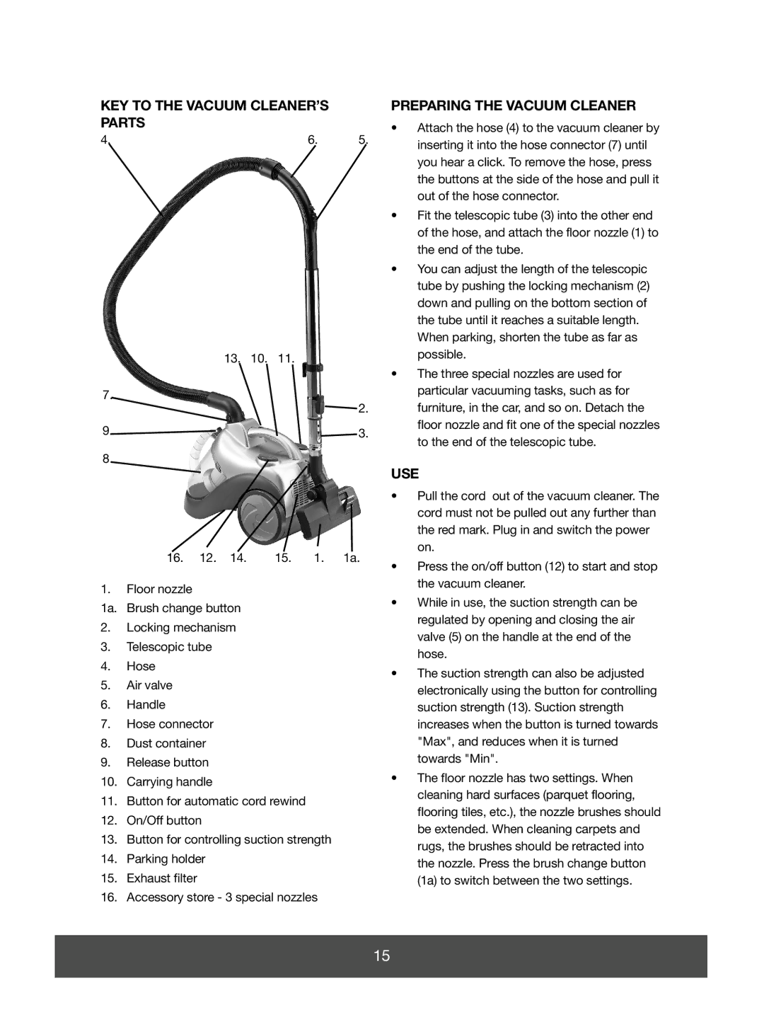 Melissa 740-096 manual KEY to the Vacuum CLEANER’S Parts, Preparing the Vacuum Cleaner, Use 