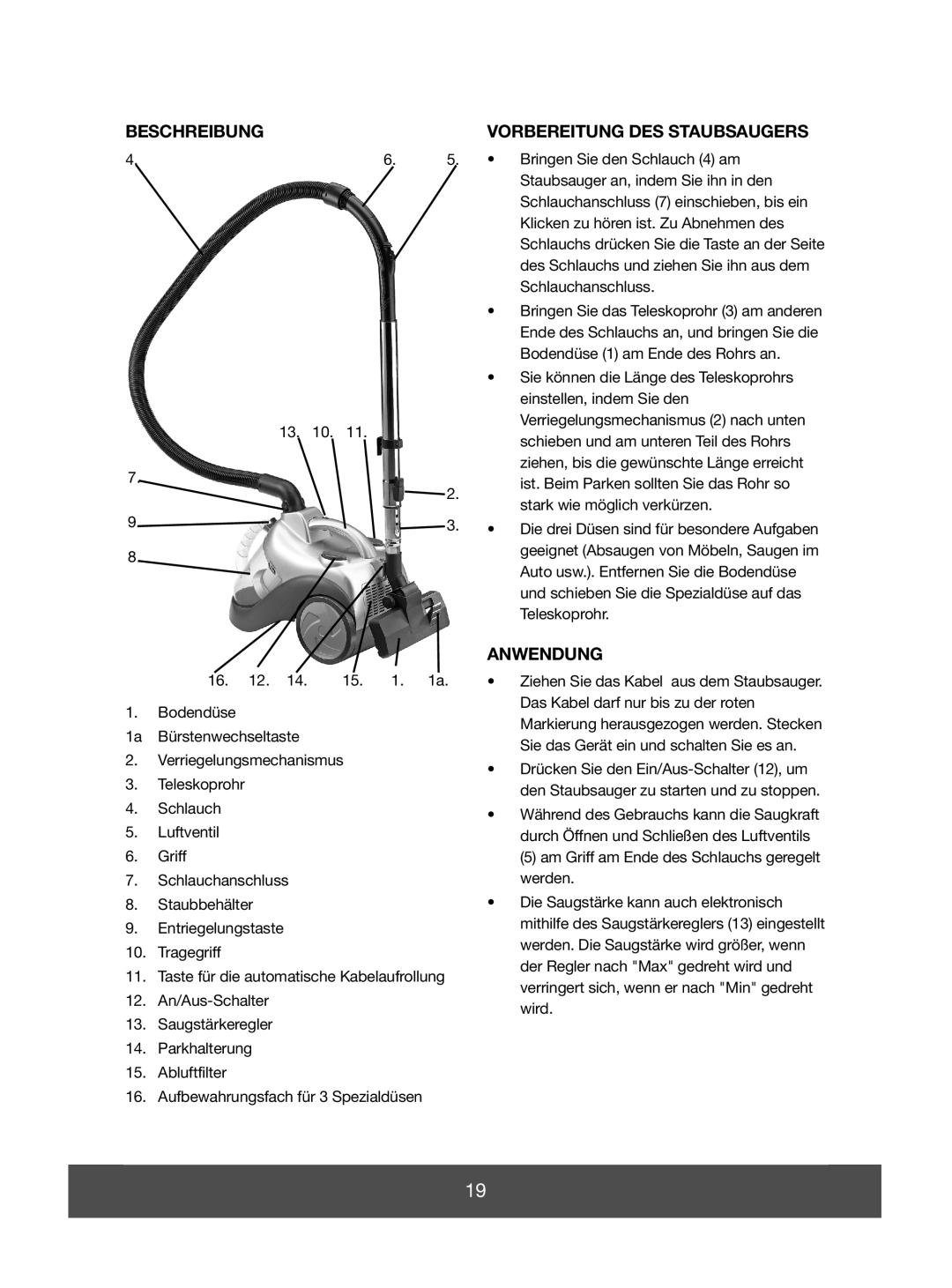 Melissa 740-096 manual Beschreibung, Vorbereitung Des Staubsaugers, Anwendung 