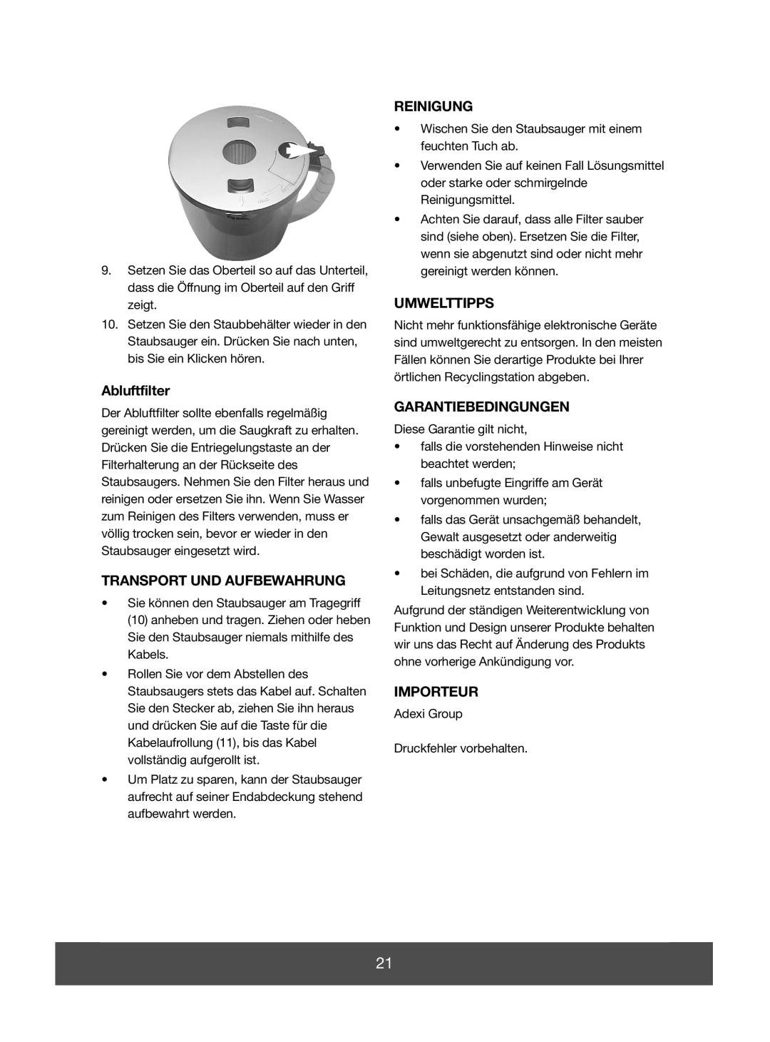 Melissa 740-096 manual Abluftfilter, Transport Und Aufbewahrung, Reinigung, Umwelttipps, Garantiebedingungen, Importeur 