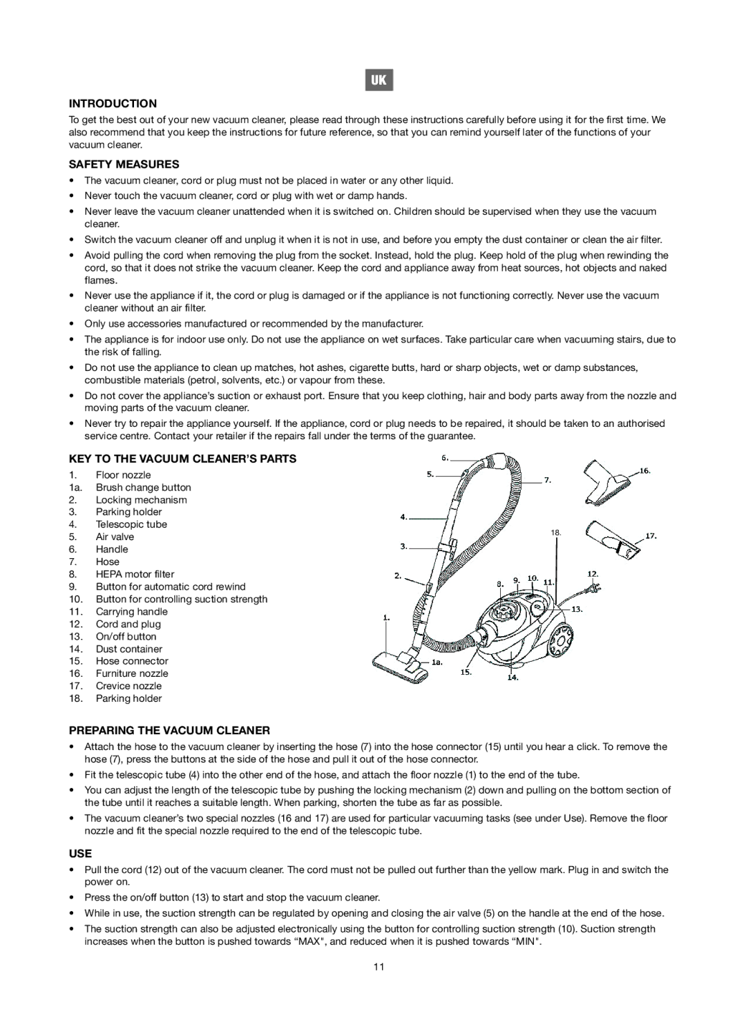 Melissa 740-106 manual Introduction, Safety Measures, KEY to the Vacuum CLEANER’S Parts, Preparing the Vacuum Cleaner, Use 