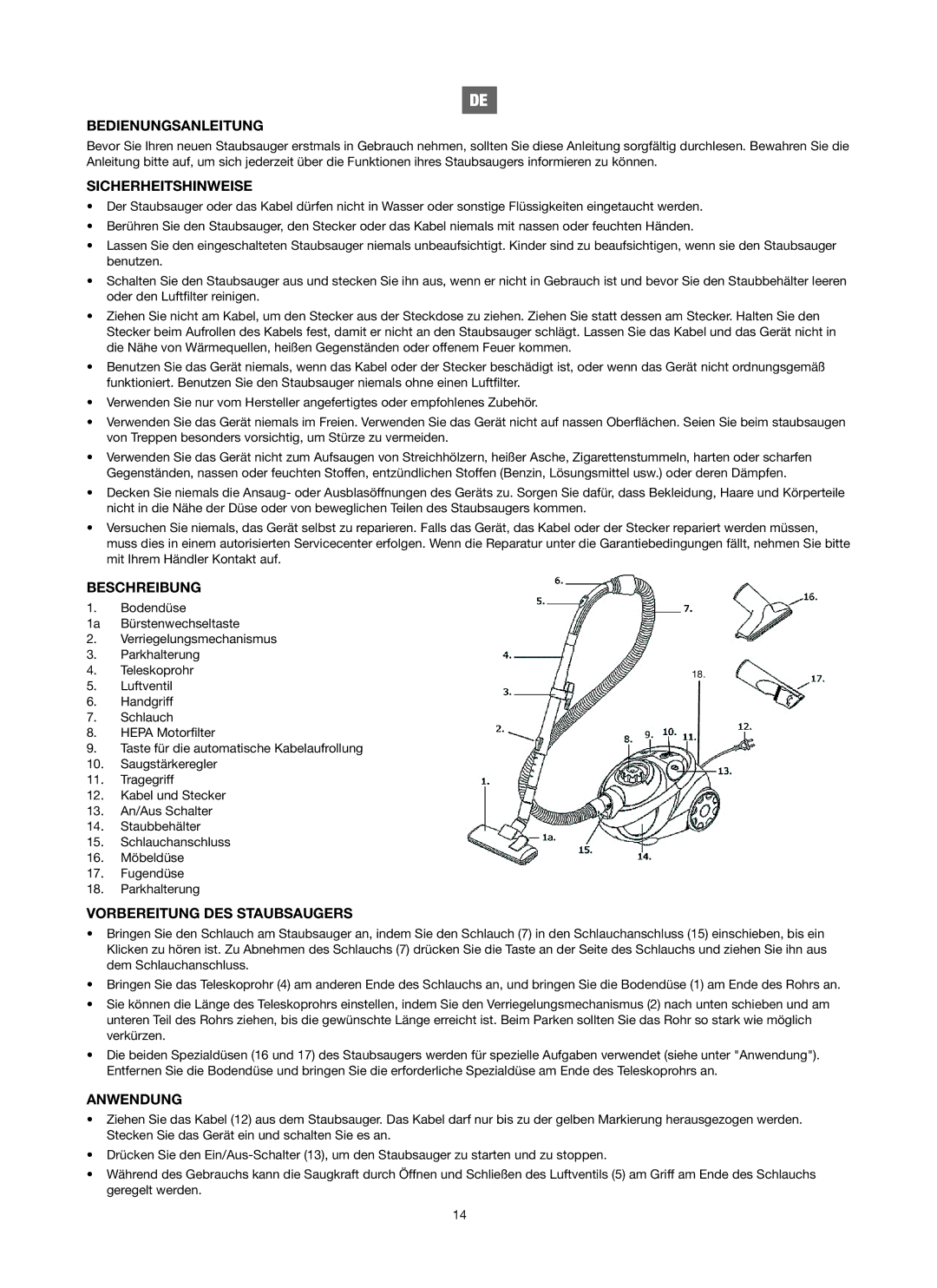 Melissa 740-106 manual Bedienungsanleitung, Sicherheitshinweise, Beschreibung, Vorbereitung DES Staubsaugers, Anwendung 