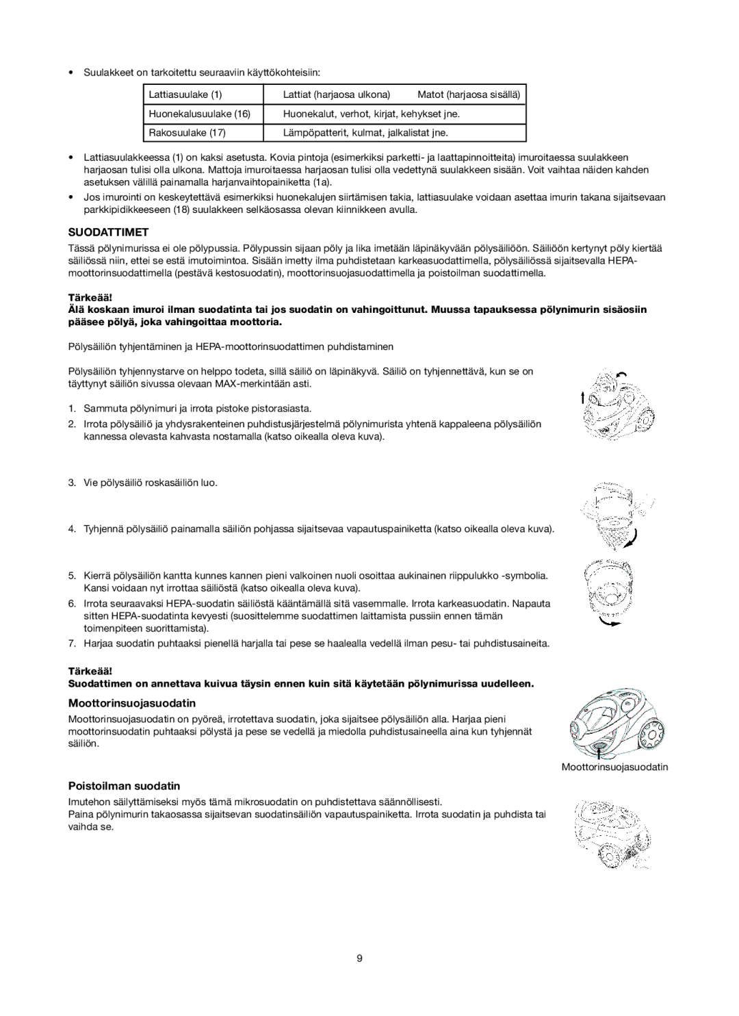 Melissa 740-106 manual Suodattimet, Moottorinsuojasuodatin, Poistoilman suodatin 